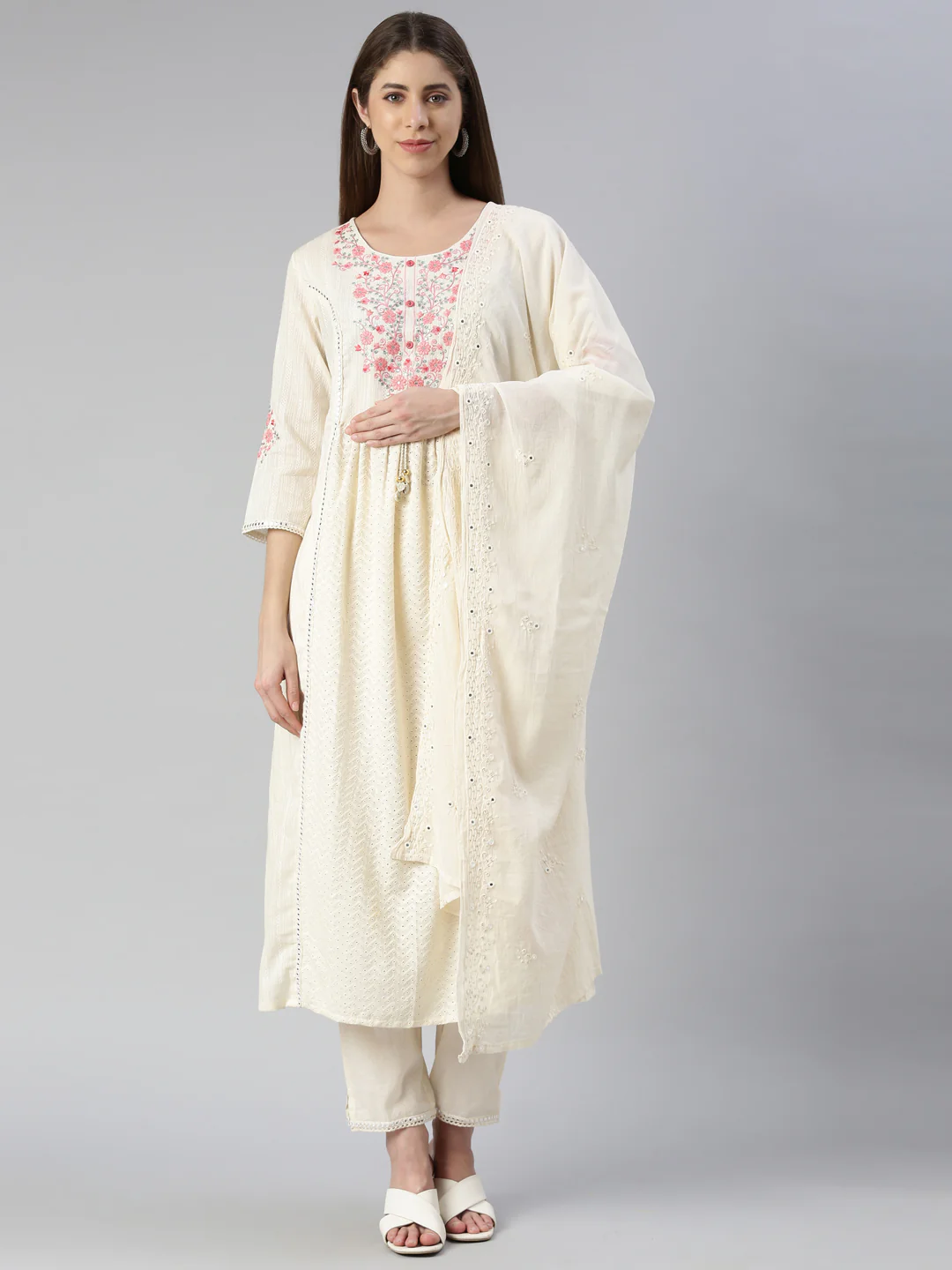 Neerus Women Cream Yoke Design Calf Length Kurta And Trousers With Dupatta