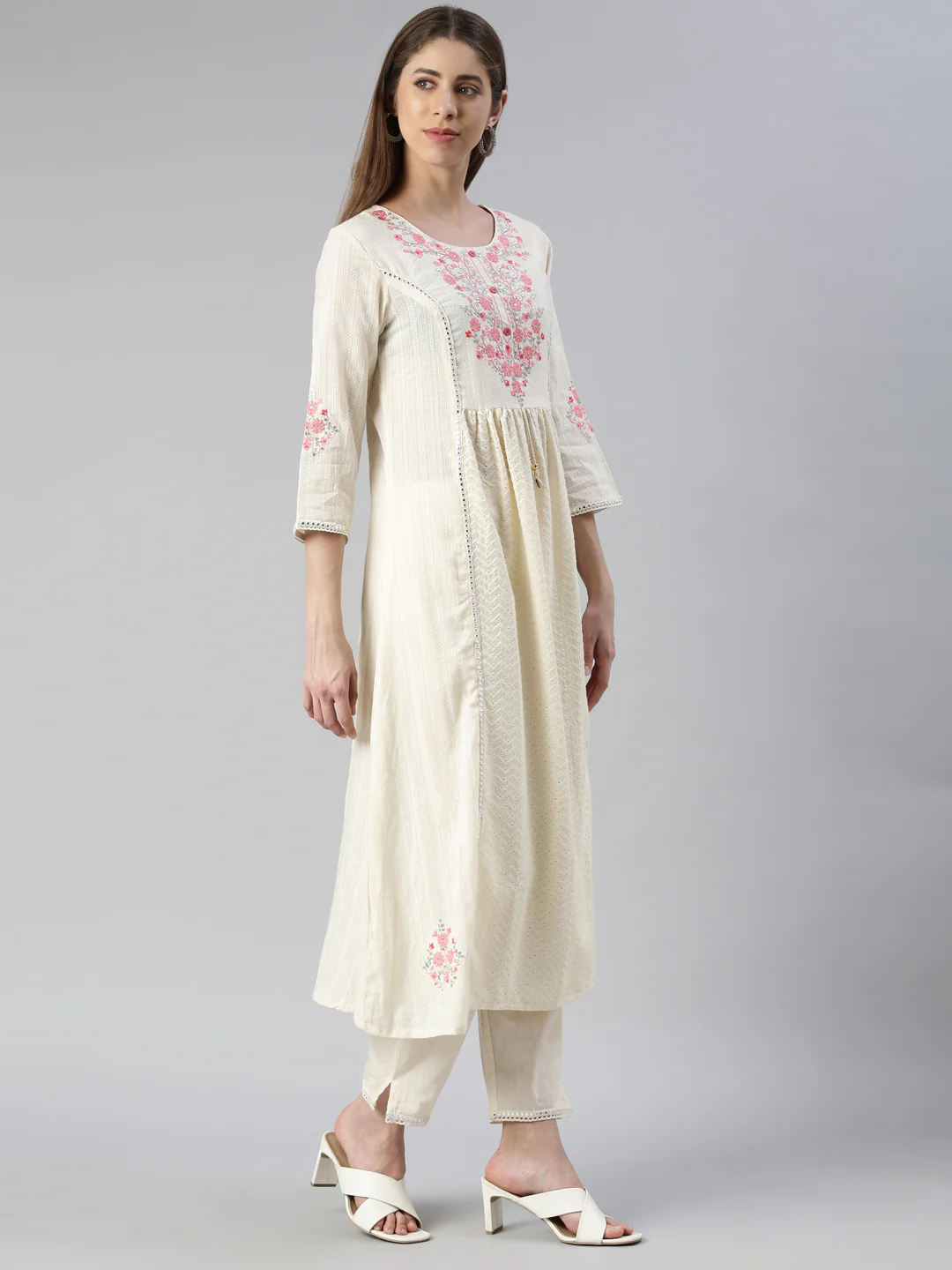 Neerus Women Cream Yoke Design Calf Length Kurta And Trousers With Dupatta - Image 2