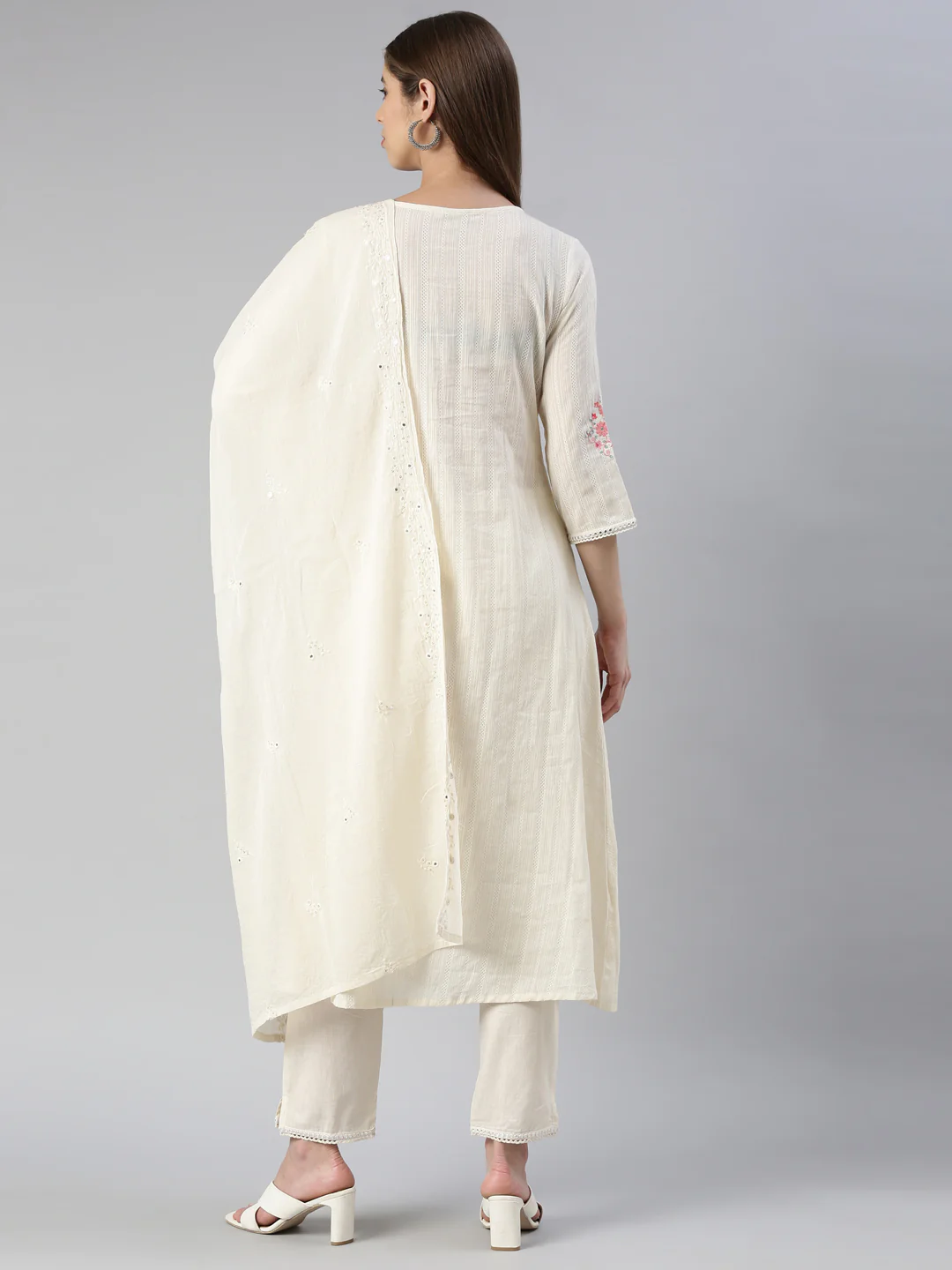 Neerus Women Cream Yoke Design Calf Length Kurta And Trousers With Dupatta - Image 3