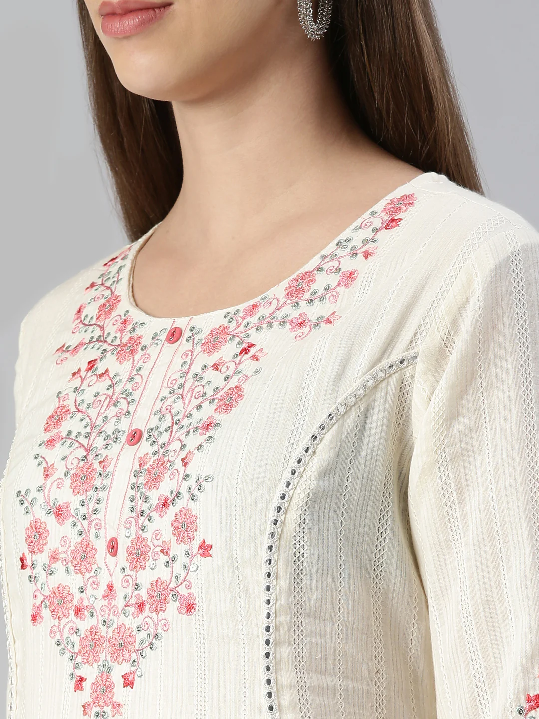 Neerus Women Cream Yoke Design Calf Length Kurta And Trousers With Dupatta - Image 4