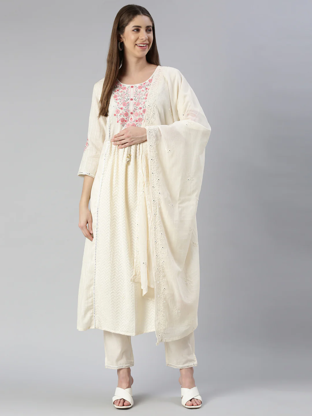 Neerus Women Cream Yoke Design Calf Length Kurta And Trousers With Dupatta - Image 5