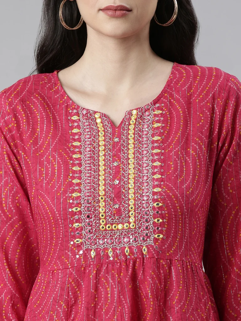 Neerus Women Ethnic Motifs Printed Pleated Mirror Work Kurta with Trousers Dupatta - Image 4