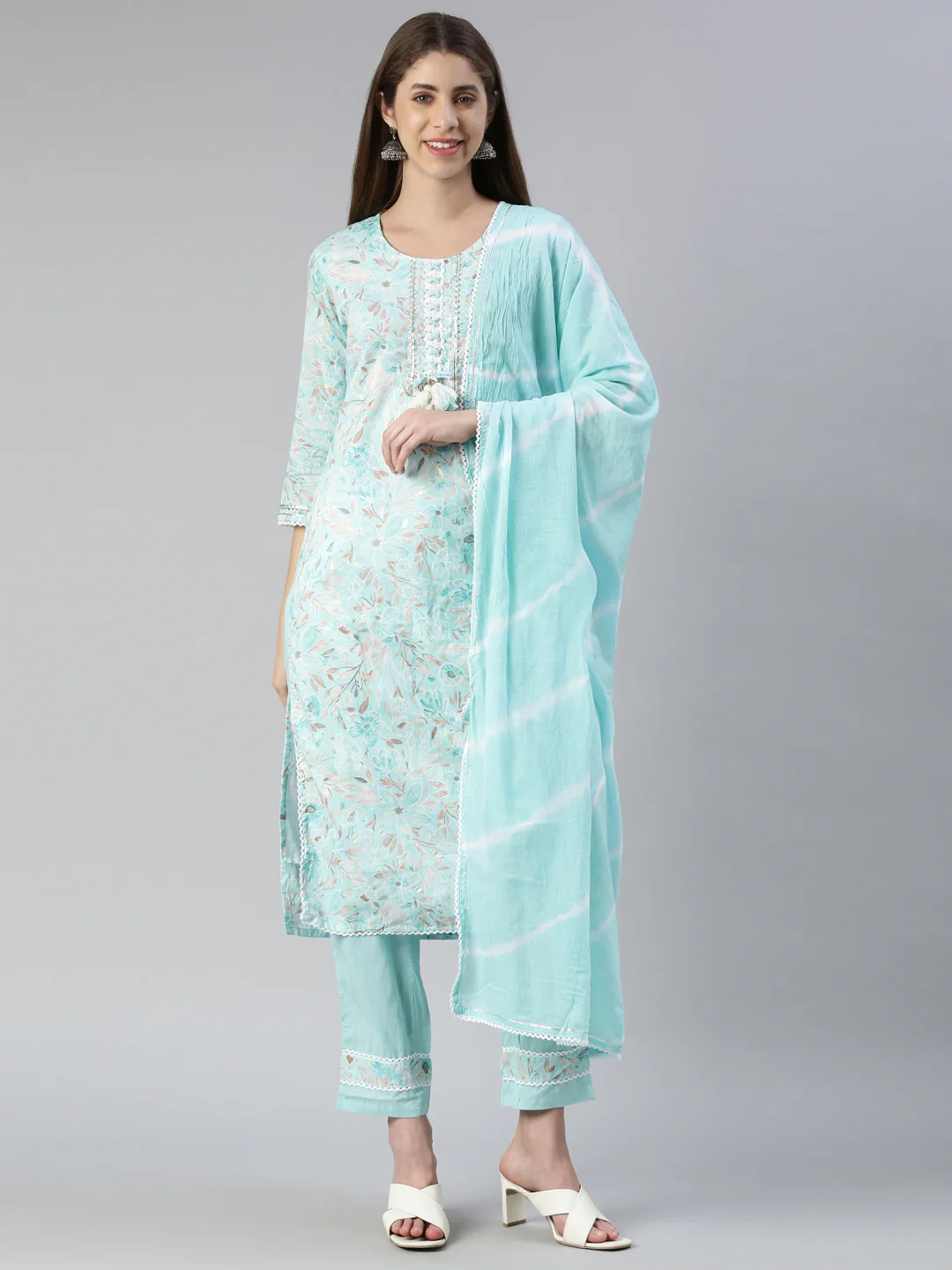 Neerus Women Ferozi Printed Calf Length Kurta And Trousers With Dupatta