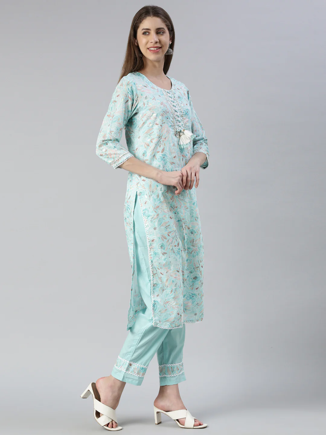 Neerus Women Ferozi Printed Calf Length Kurta And Trousers With Dupatta - Image 2