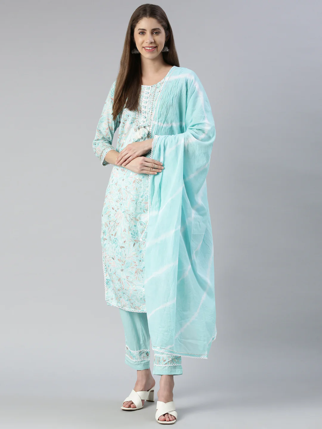 Neerus Women Ferozi Printed Calf Length Kurta And Trousers With Dupatta - Image 6