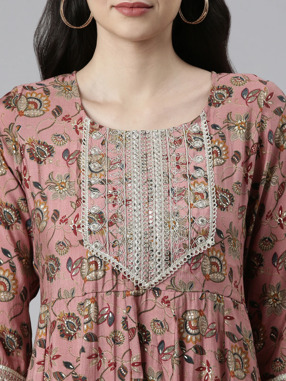 Neerus Women Floral Printed Pleated Zardozi Kurta with Trousers & Dupatta - Image 2