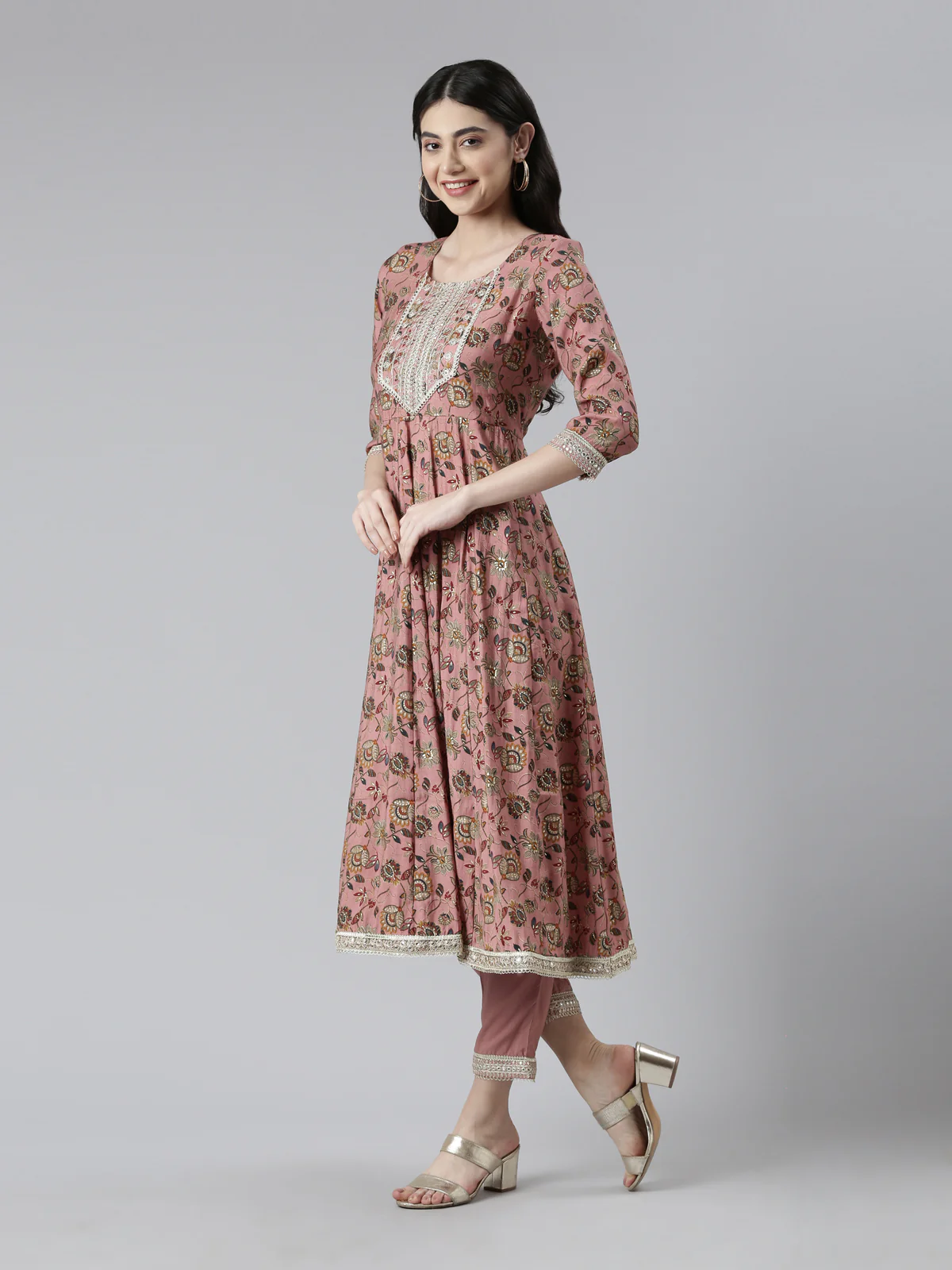 Neerus Women Floral Printed Pleated Zardozi Kurta with Trousers & Dupatta - Image 3