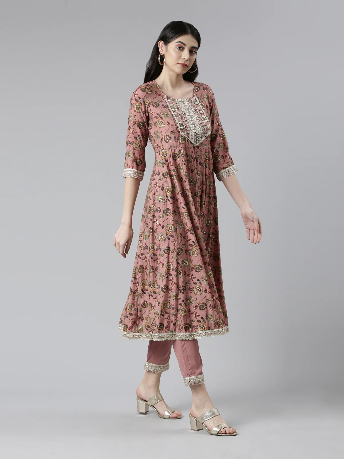 Neerus Women Floral Printed Pleated Zardozi Kurta with Trousers & Dupatta - Image 4