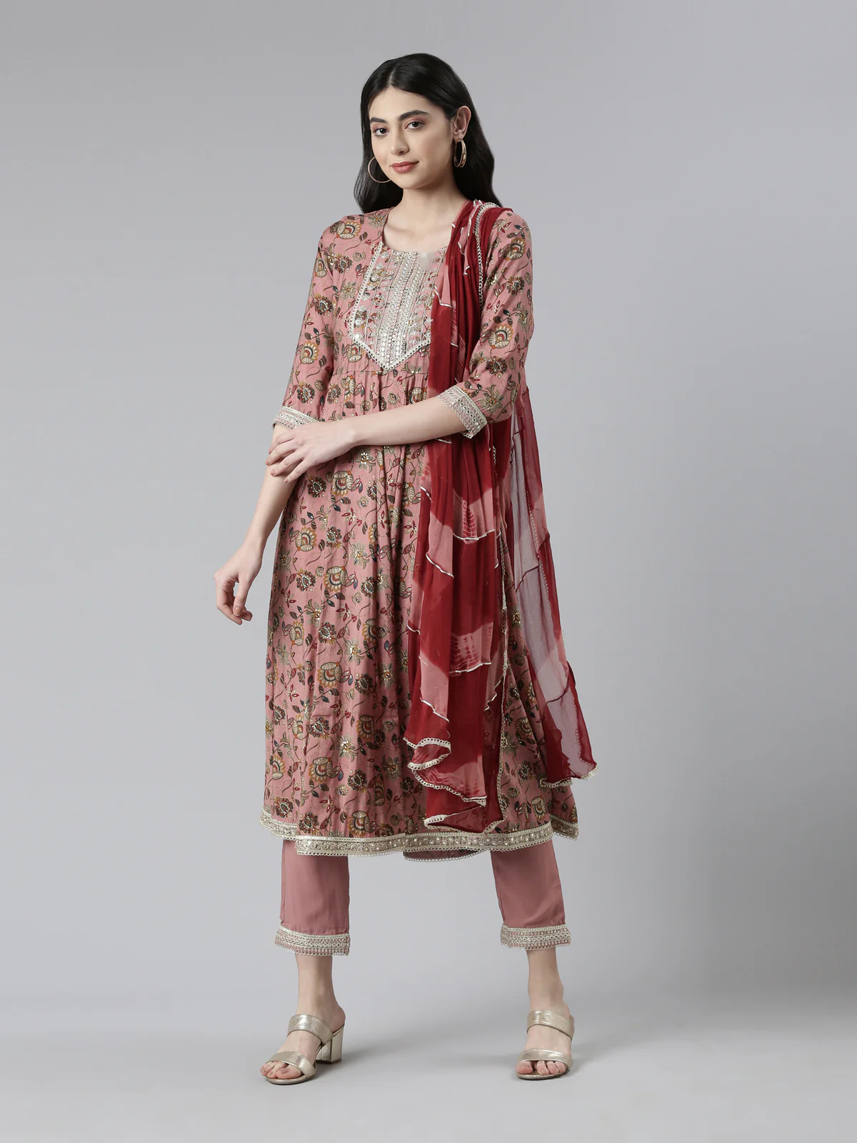 Neerus Women Floral Printed Pleated Zardozi Kurta with Trousers & Dupatta - Image 6