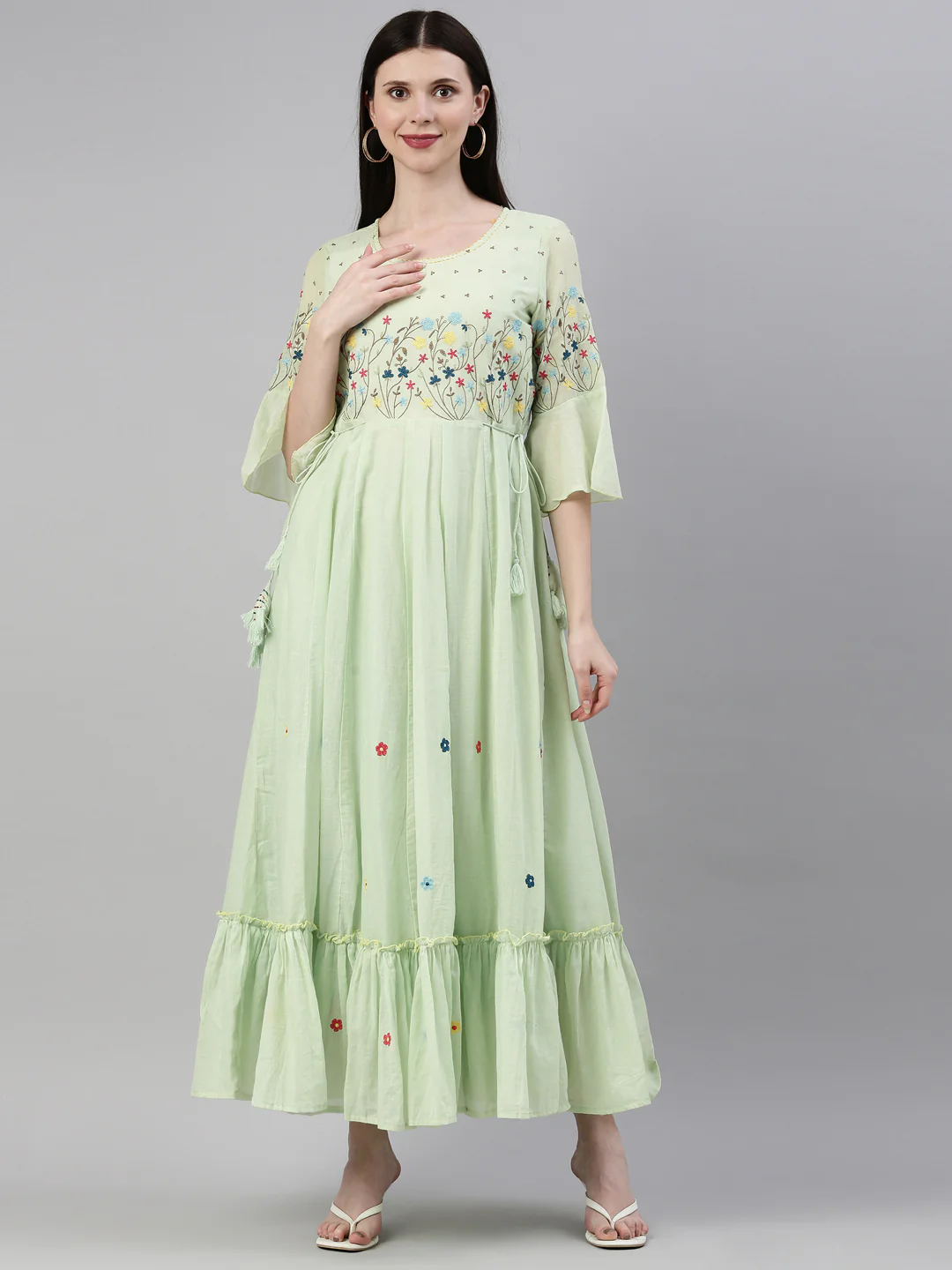 Neerus Women Green Blue Yoke Design Thread Work Anarkali Kurta