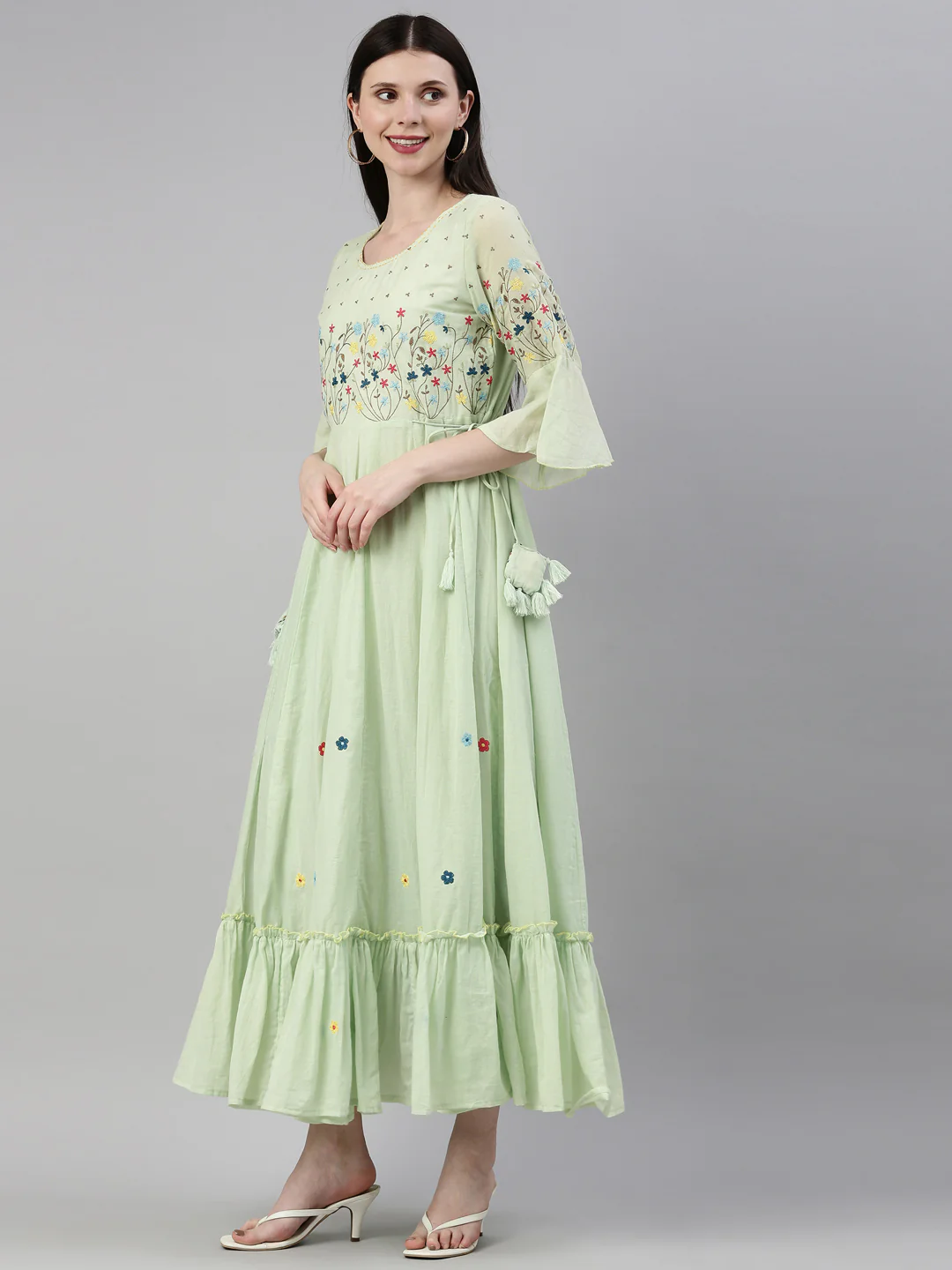 Neerus Women Green Blue Yoke Design Thread Work Anarkali Kurta - Image 2