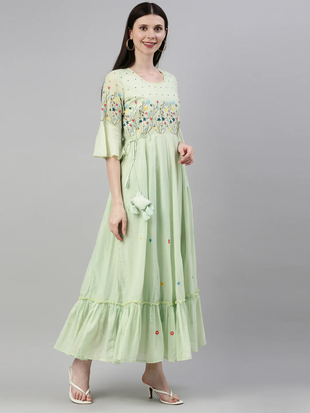 Neerus Women Green Blue Yoke Design Thread Work Anarkali Kurta - Image 3