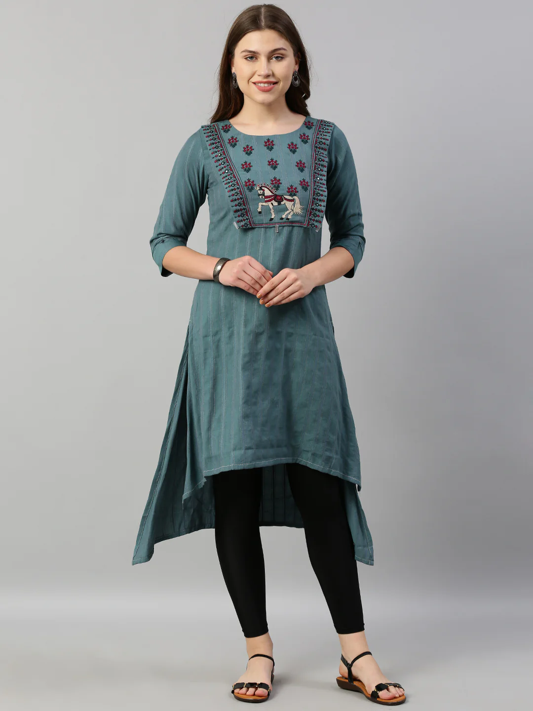 Neerus Women Green Burgundy Embroidered Yoke Design A-Line Kurta