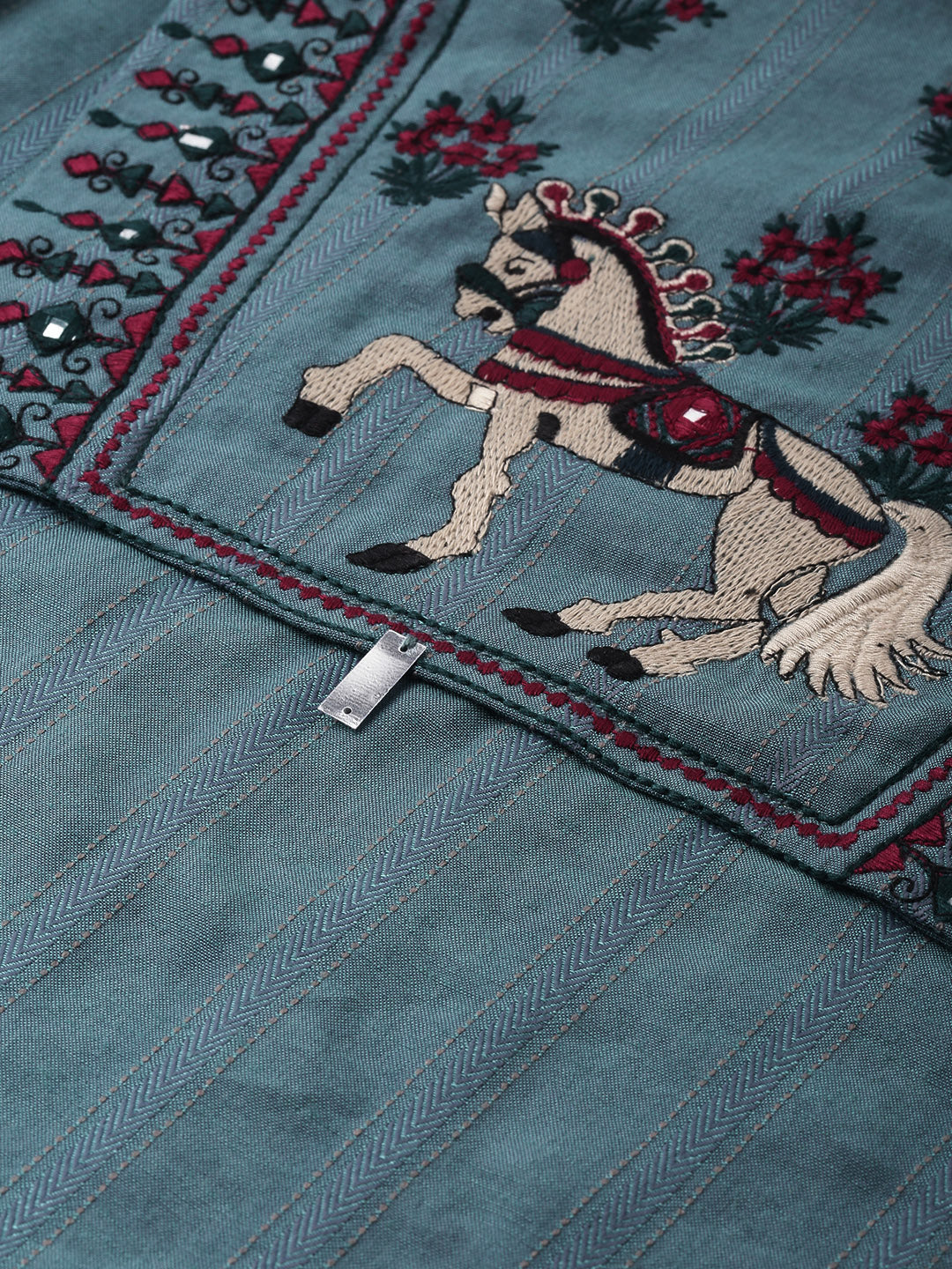 Neerus Women Green Burgundy Embroidered Yoke Design A-Line Kurta - Image 2