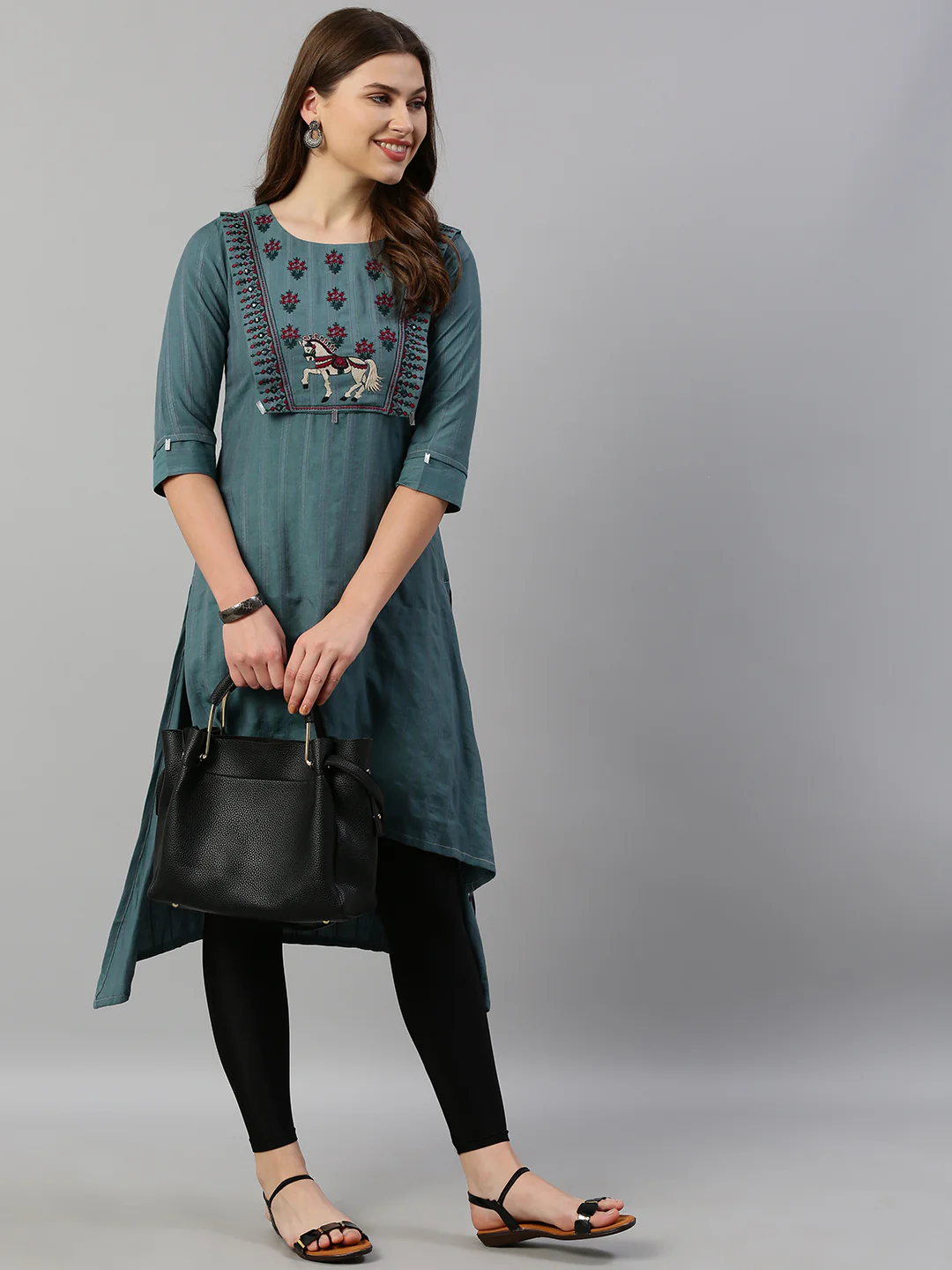 Neerus Women Green Burgundy Embroidered Yoke Design A-Line Kurta - Image 6