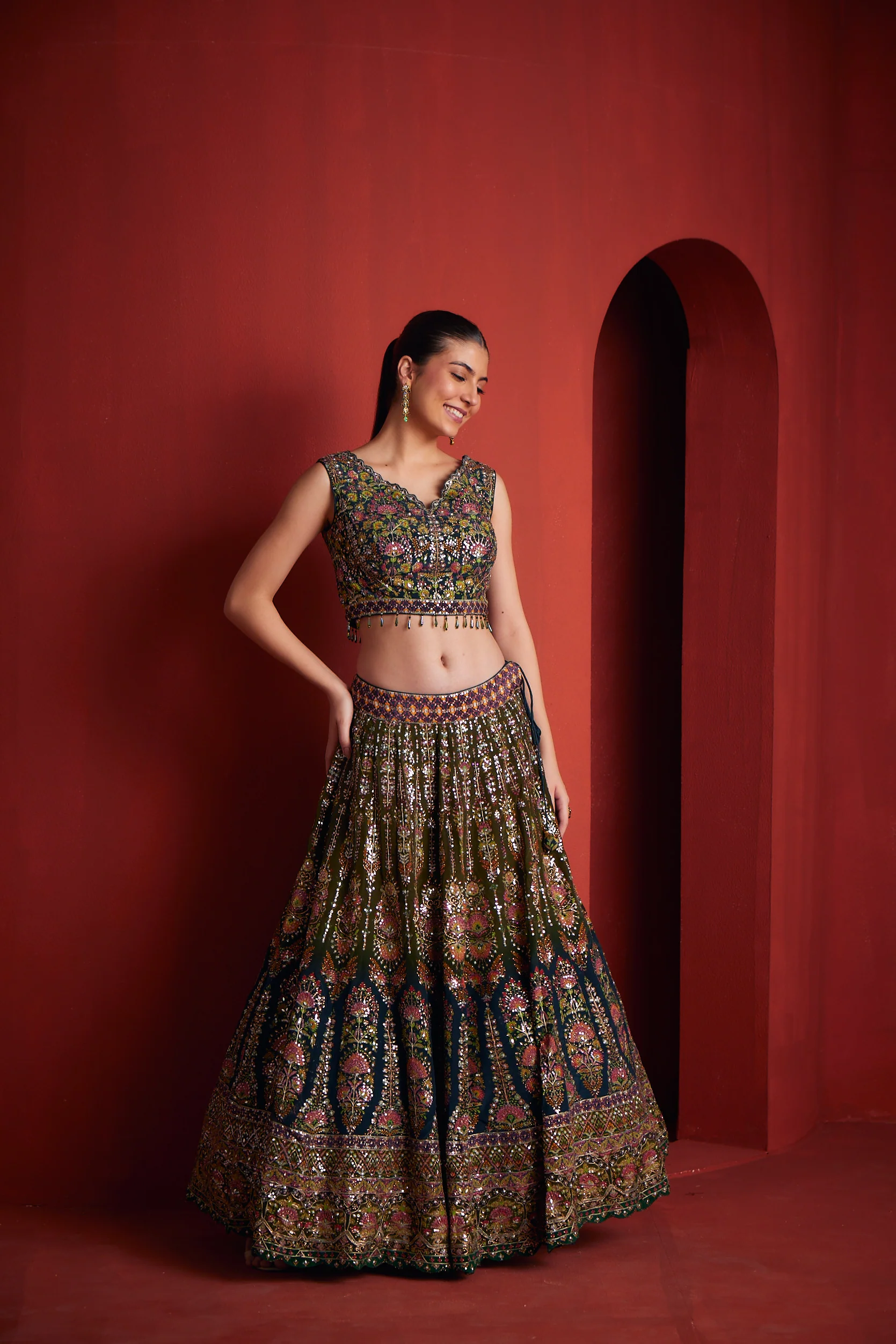 Neerus Women Green Color Silk Fabric Ghagra Set - Image 4