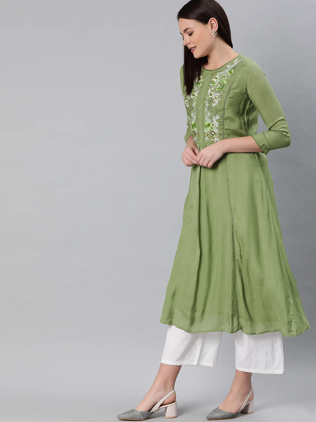 Neerus Women Green Embroidered A-Line Kurta - Image 3