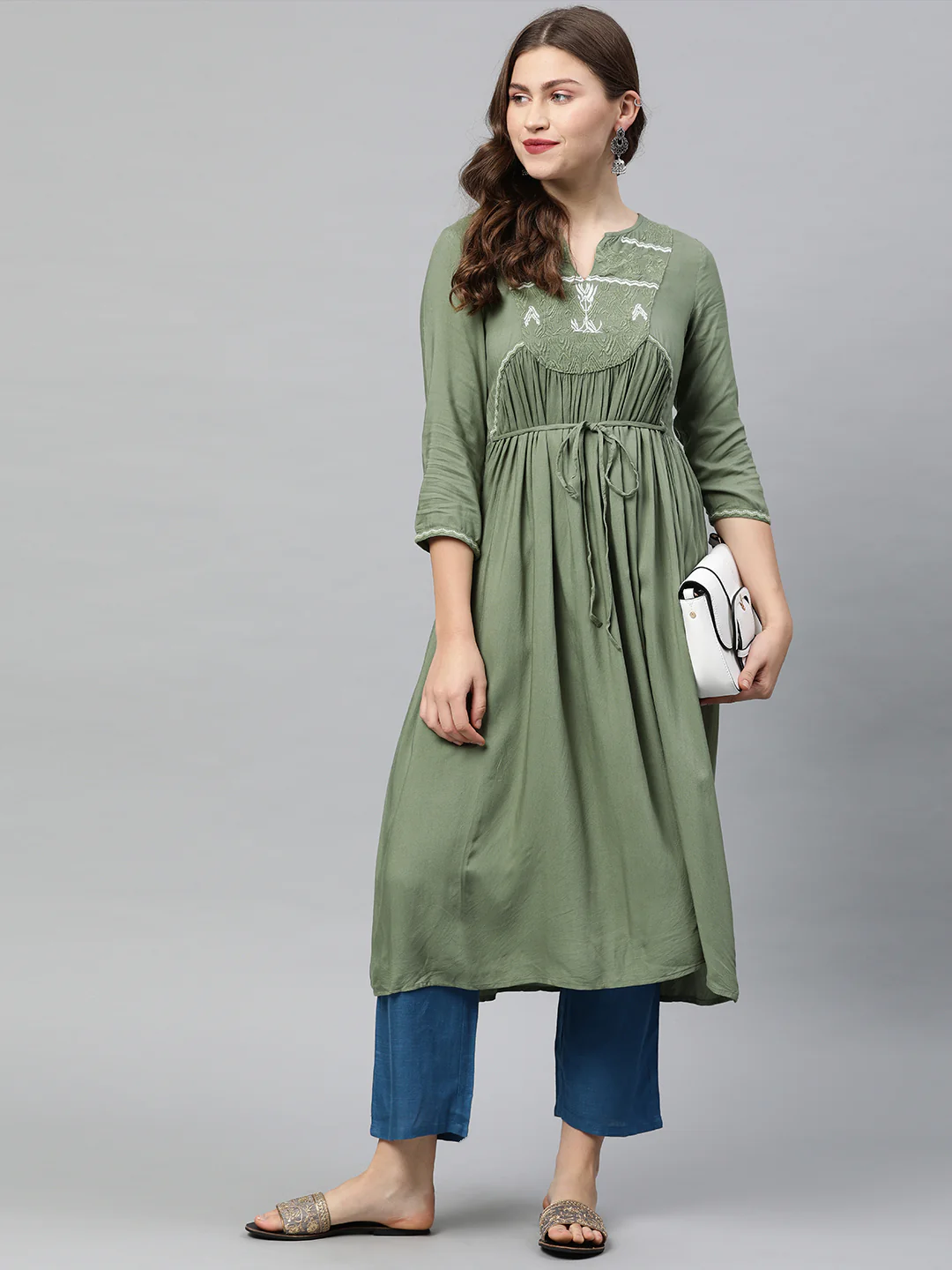 Neerus Women Green Embroidered A-Line Kurta With Tie-Up Detail Gatherers - Image 5