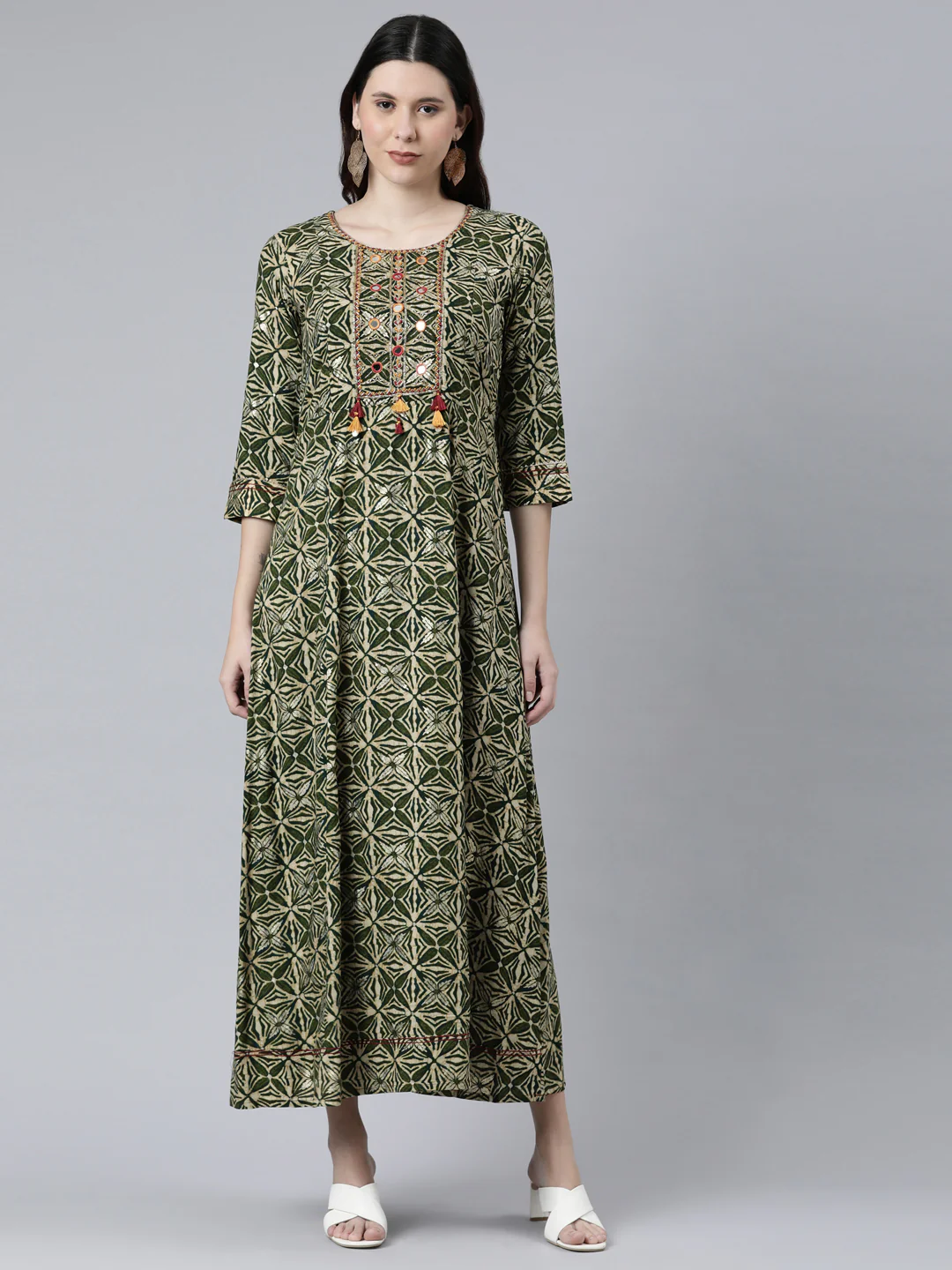 Neerus Women Green Ethnic Motifs Printed Thread Work Anarkali Kurta