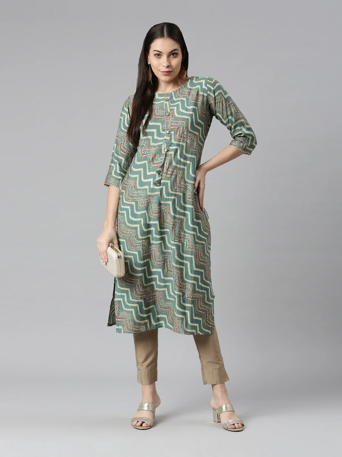 Neerus Women Green Geometric Printed Kurta - Image 6