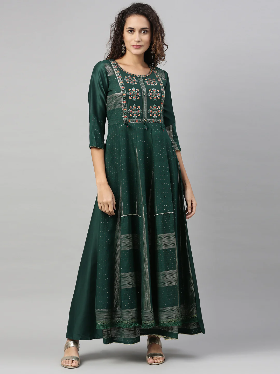 Neerus Women Green Geometric Yoke Design Anarkali Kurta