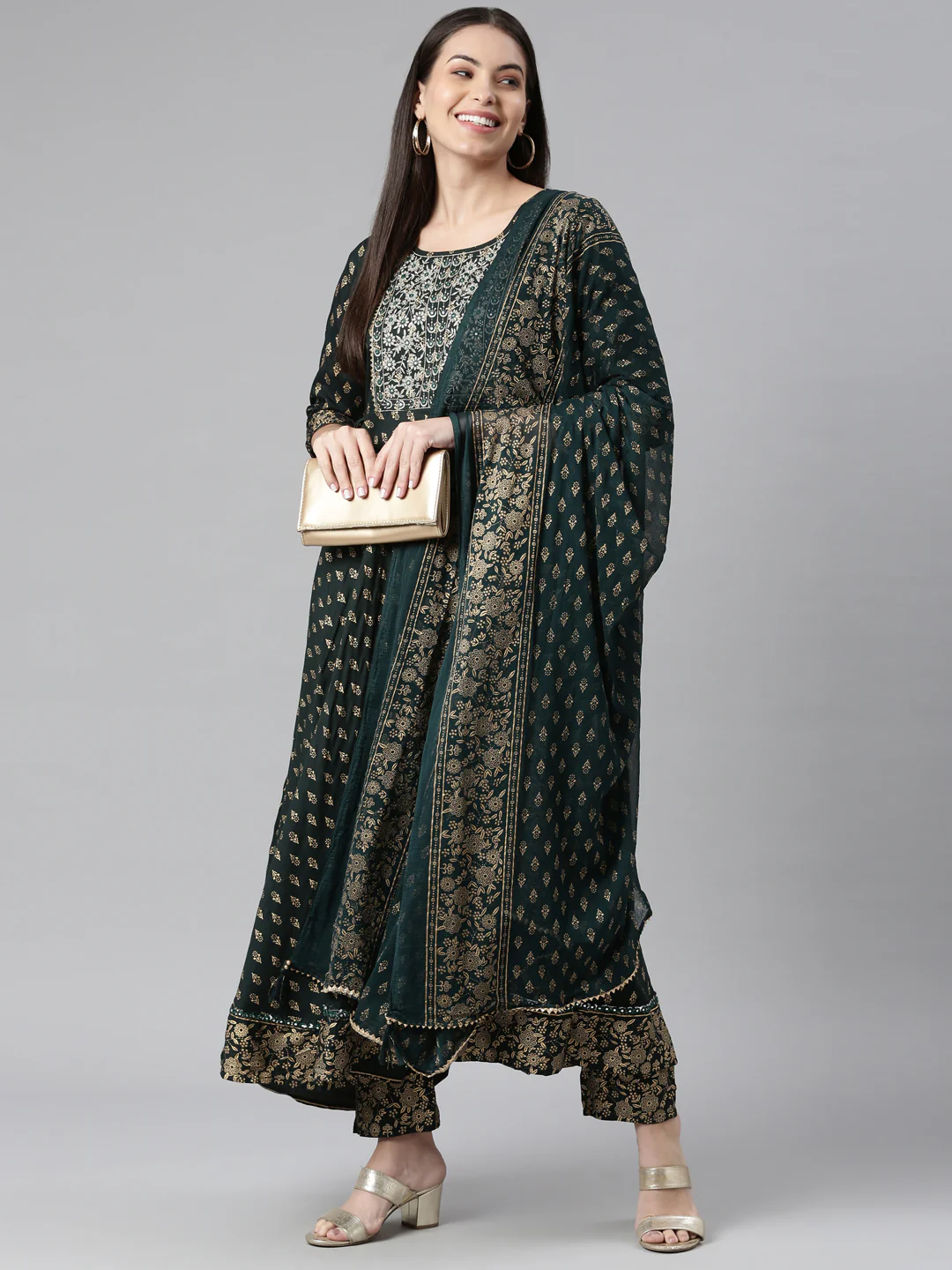 Neerus Women Green Gold-Toned Ethnic Motifs Printed Kurta With Trousers With Dupatta - Image 4