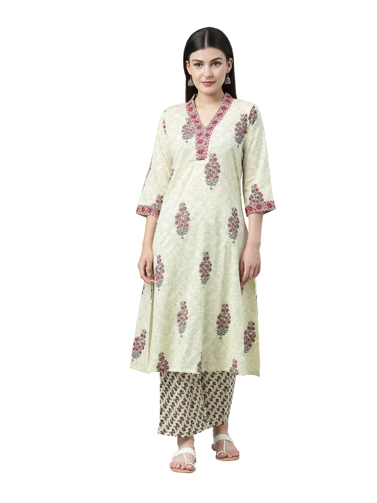 Neerus Women Green Maroon Printed Kurta with Trousers