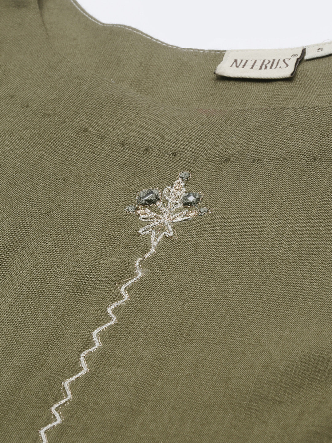 Neerus Women Green Off-White Embroidered Kurta with Trousers - Image 4