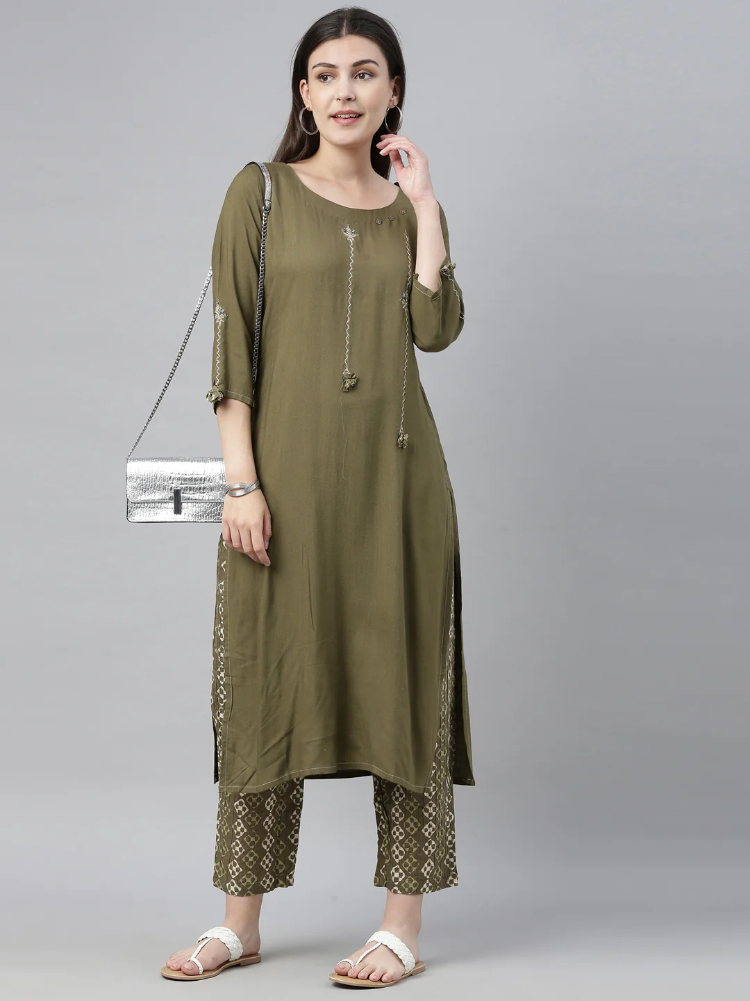 Neerus Women Green Off-White Embroidered Kurta with Trousers - Image 5