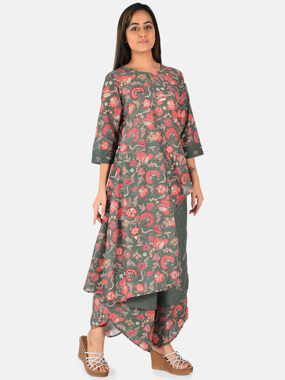 Neerus Women Green Pink Printed A-Line Kurta - Image 5
