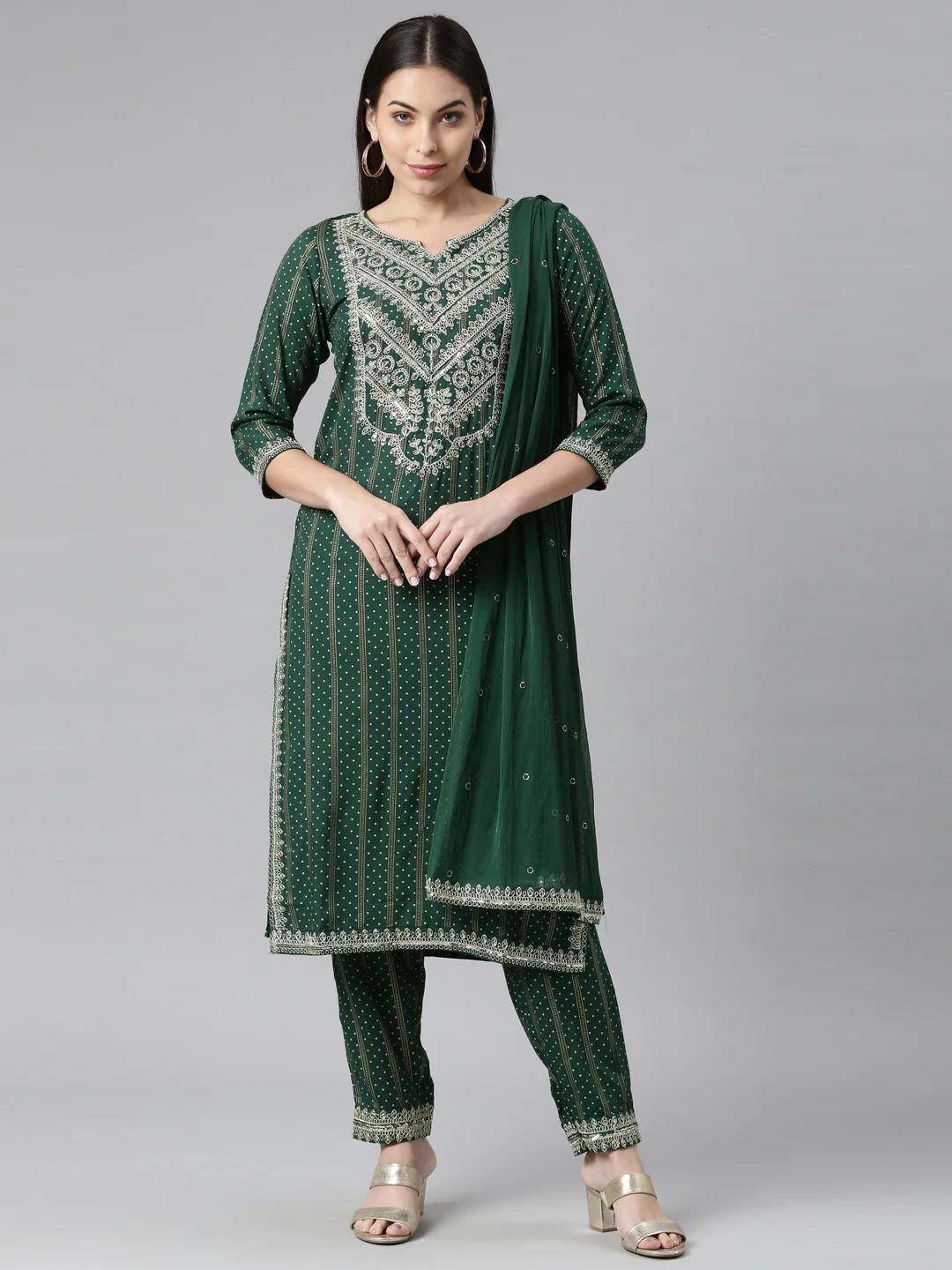 Neerus Women Green Silver Bandhani Embroidered Kurta With Trousers With Dupatta