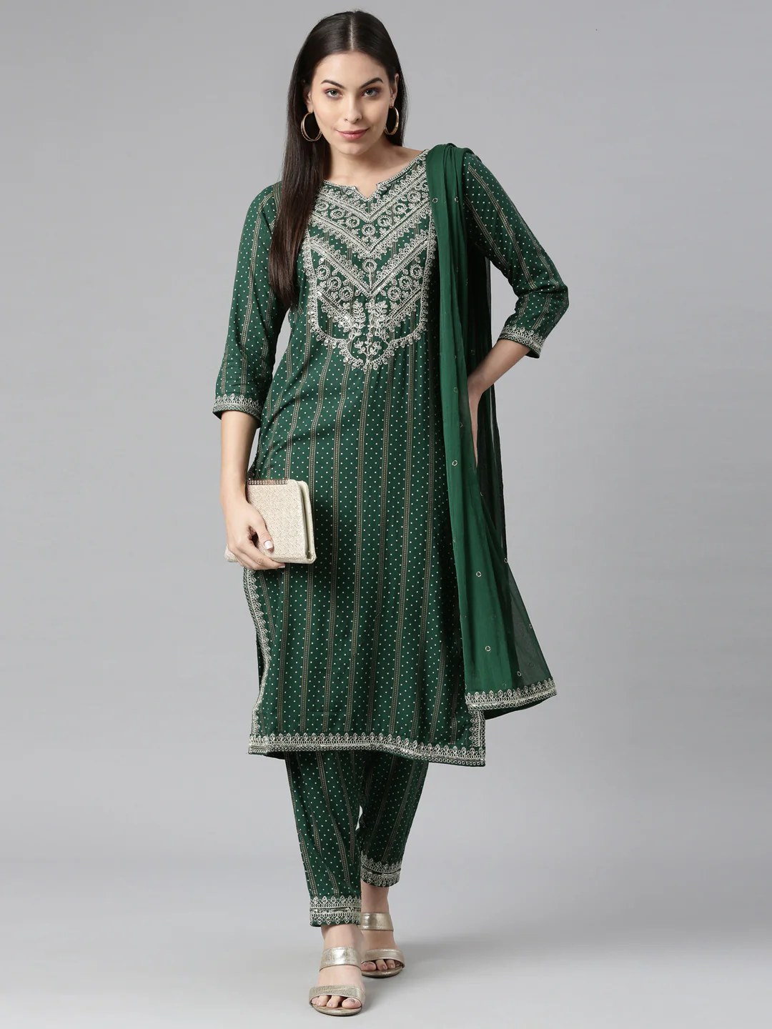 Neerus Women Green Silver Bandhani Embroidered Kurta With Trousers With Dupatta - Image 5