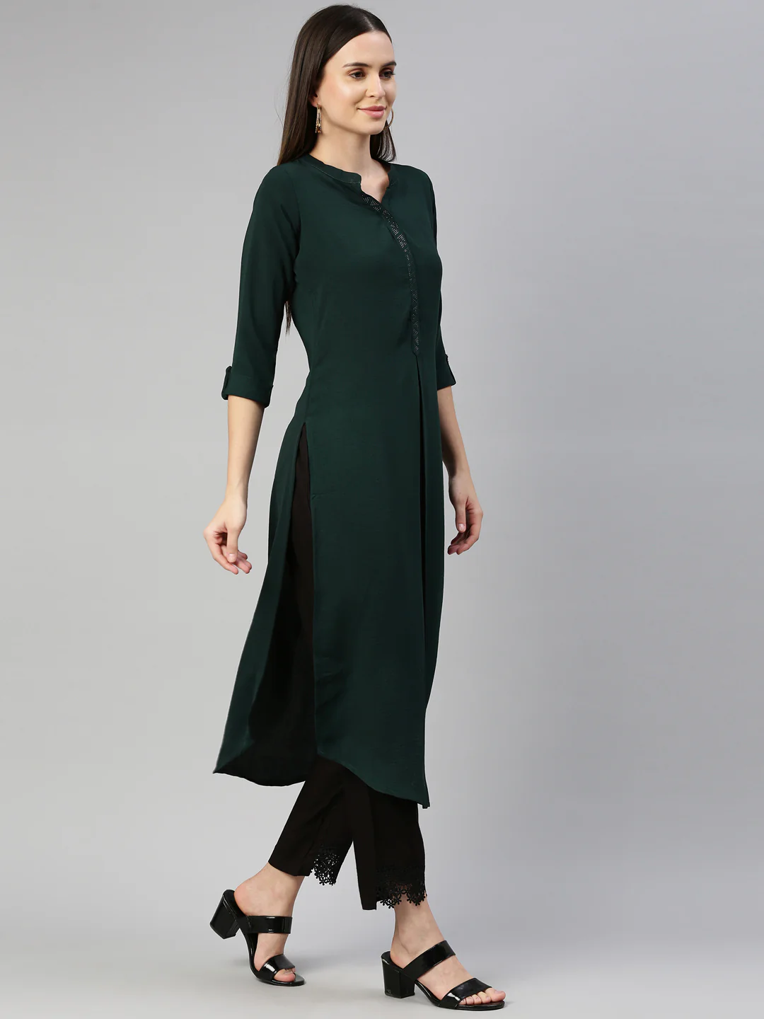 Neerus Women Green Solid Pathani Kurta - Image 2