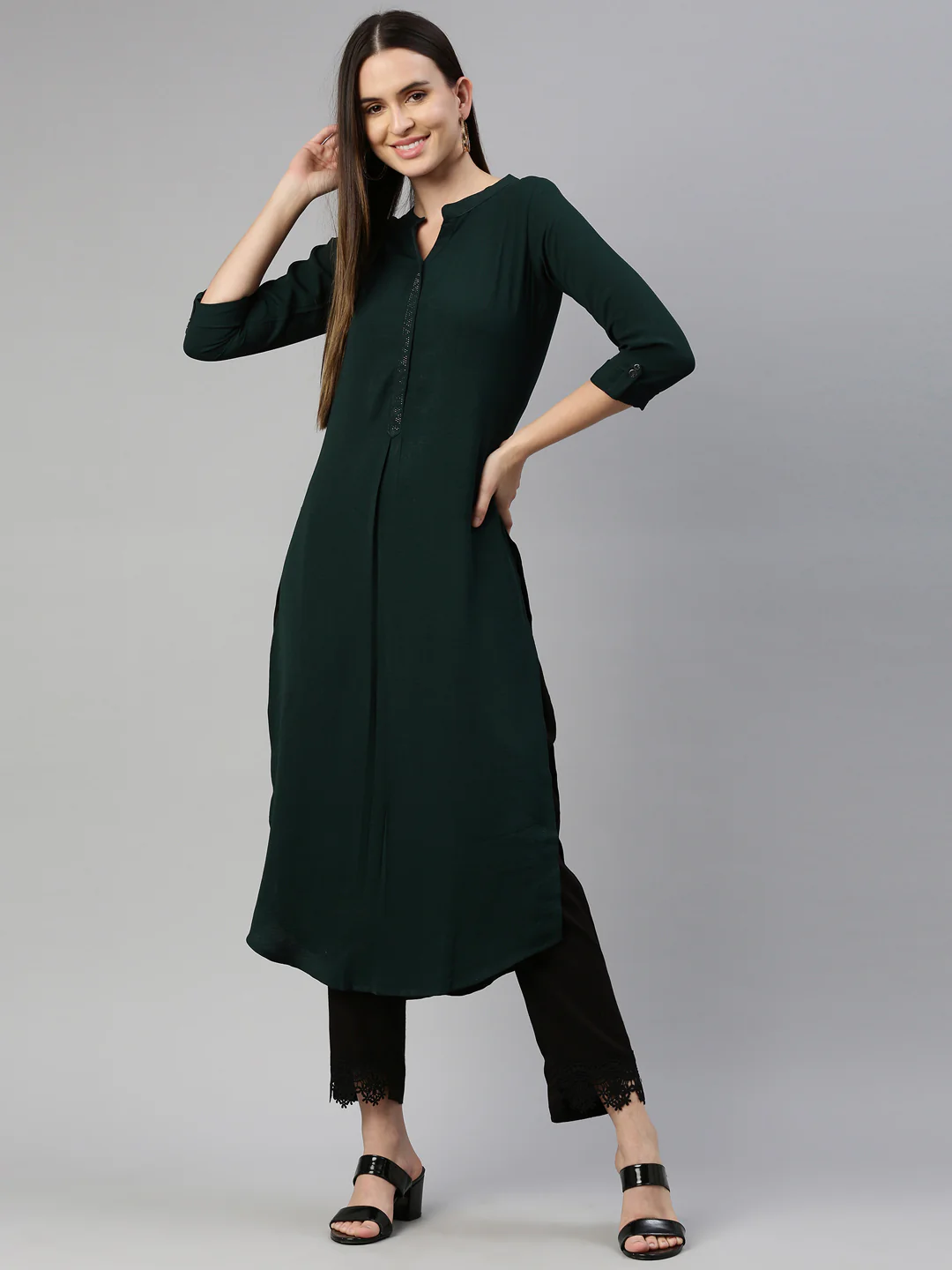 Neerus Women Green Solid Pathani Kurta - Image 5