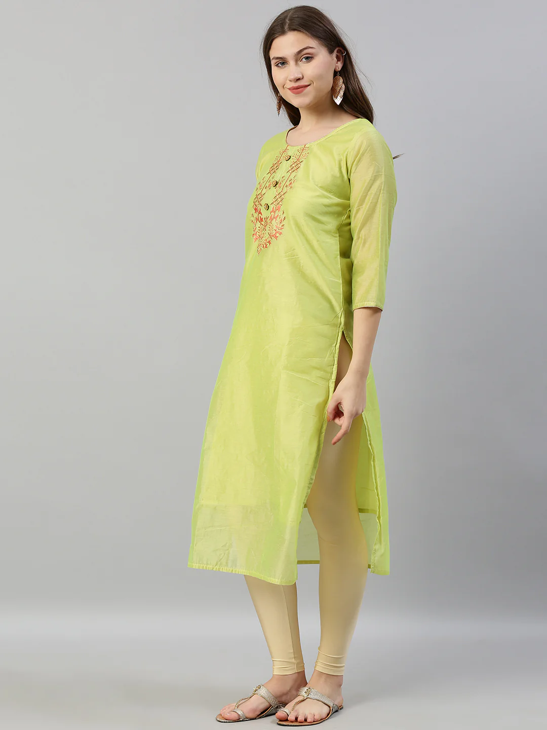 Neerus Women Green Solid Straight Kurta With Embroidered Detailing - Image 3