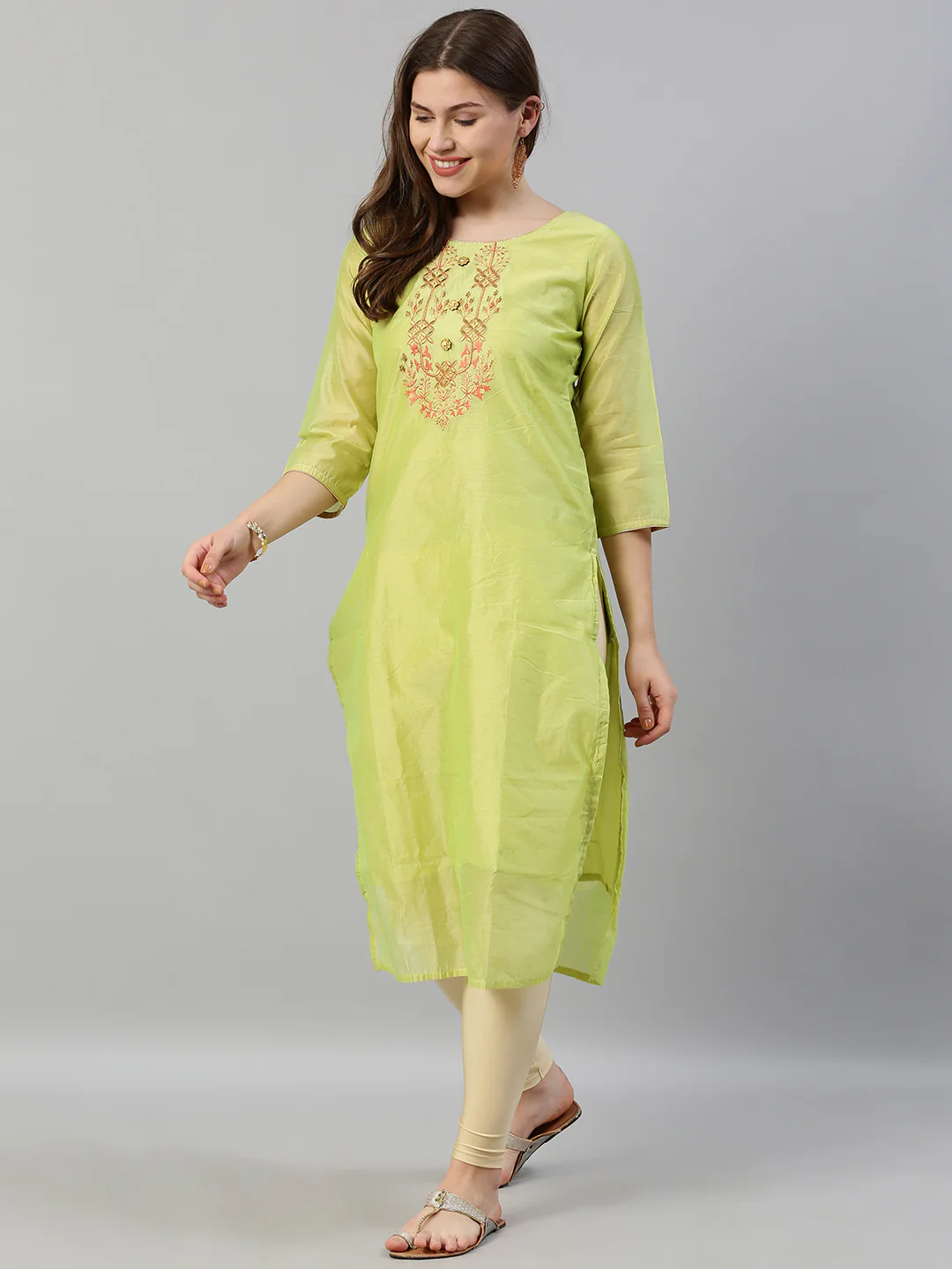 Neerus Women Green Solid Straight Kurta With Embroidered Detailing - Image 5