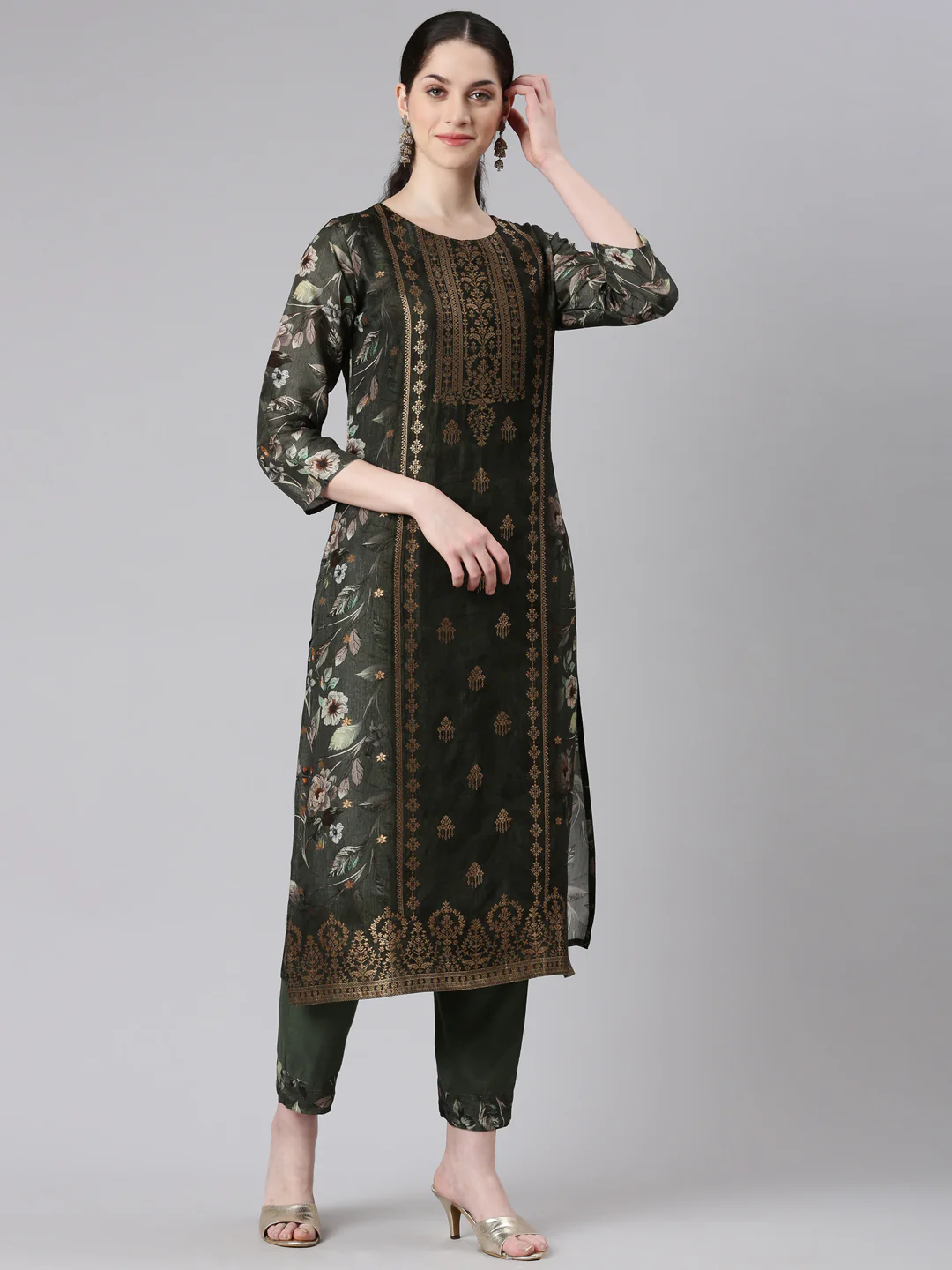 Neerus Women Green Straight Kurta and Trousers With Dupatta - Image 2