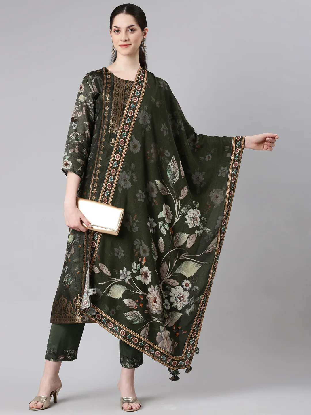 Neerus Women Green Straight Kurta and Trousers With Dupatta - Image 5