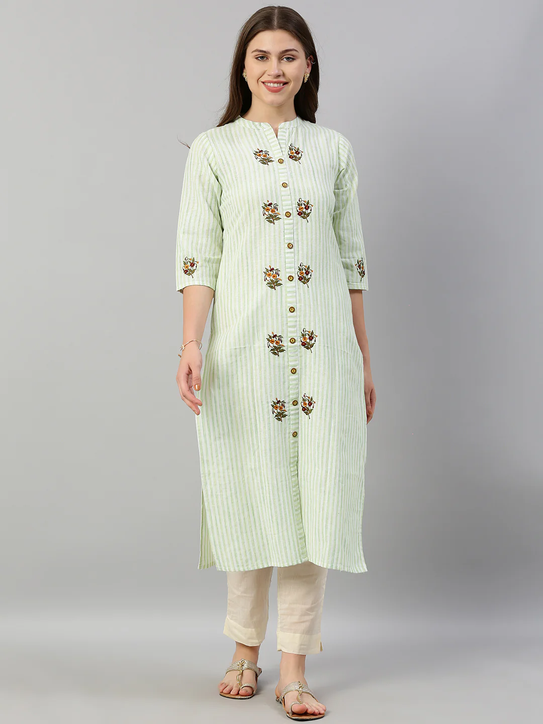 Neerus Women Green White Striped Straight Kurta With Embroidery