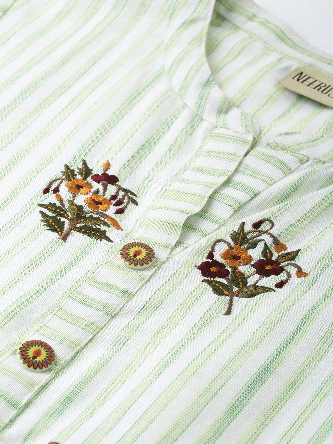 Neerus Women Green White Striped Straight Kurta With Embroidery - Image 2