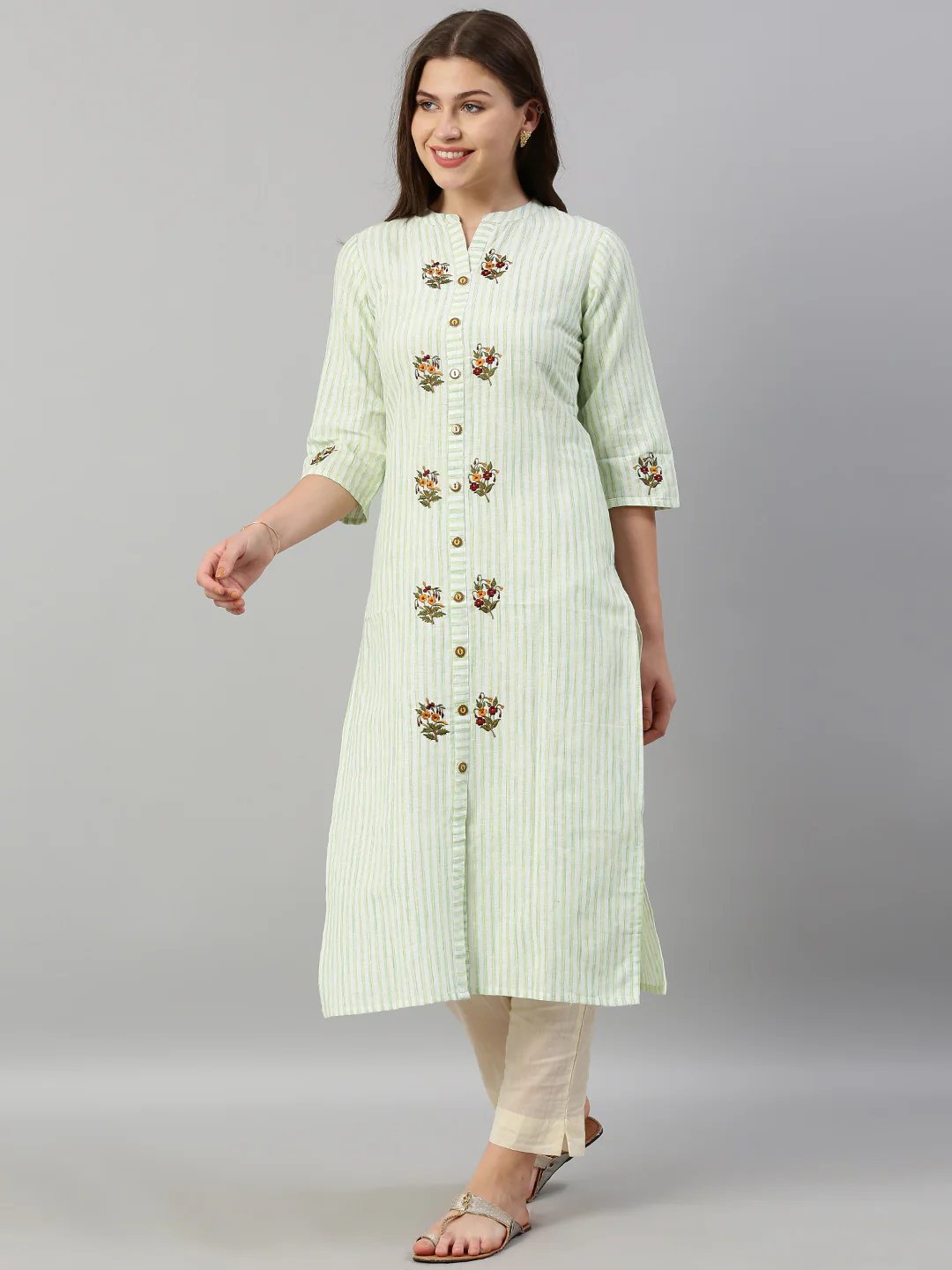 Neerus Women Green White Striped Straight Kurta With Embroidery - Image 3