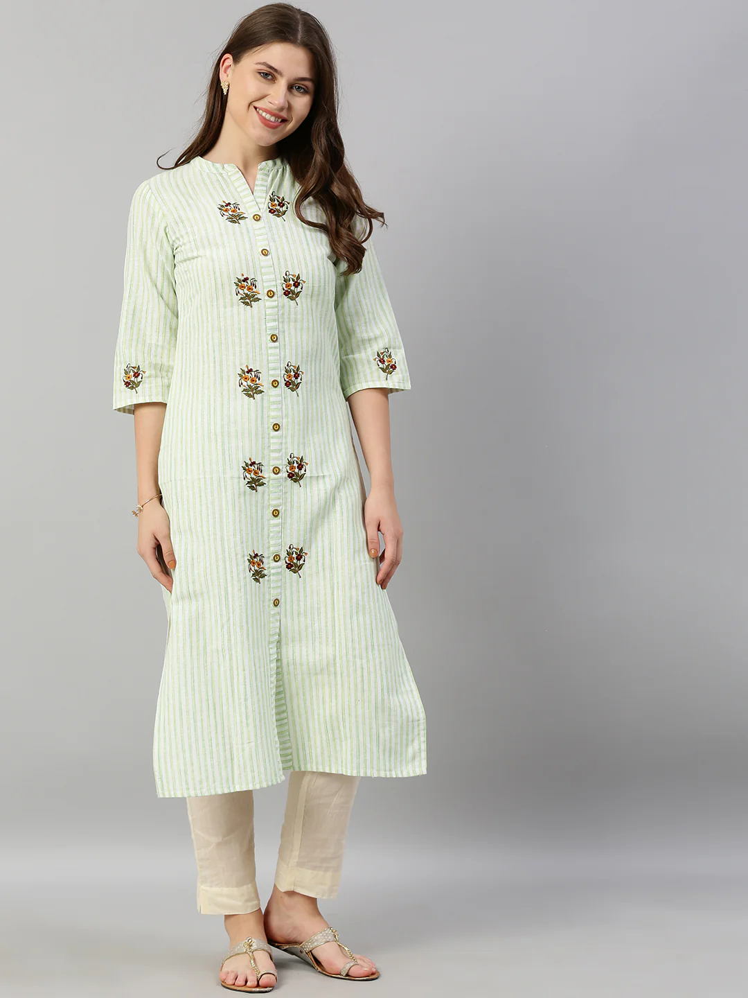 Neerus Women Green White Striped Straight Kurta With Embroidery - Image 5