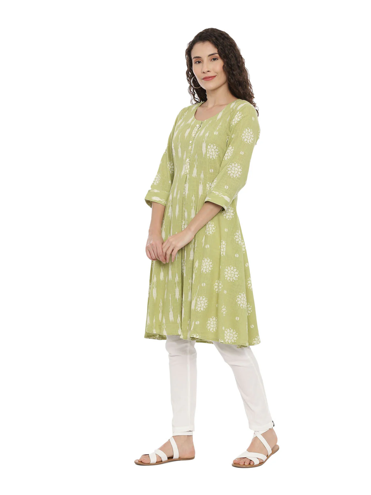 Neerus Women Green White Woven Design Anarkali Kurta - Image 2