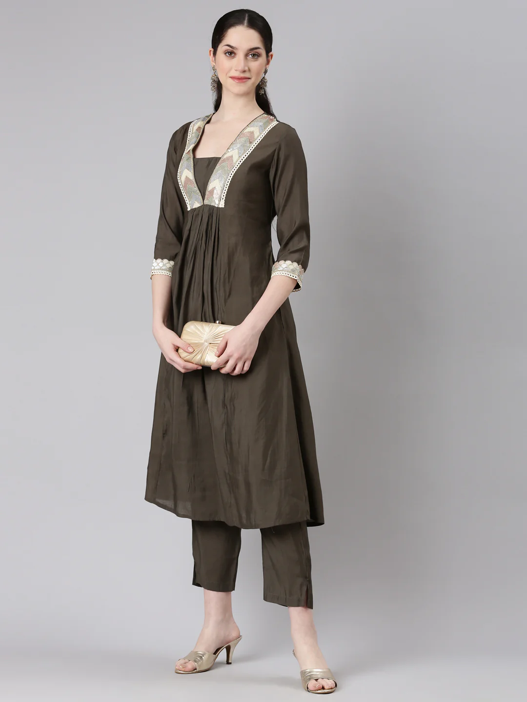 Neerus Women Grey Anarkali Kurta and Trousers - Image 5