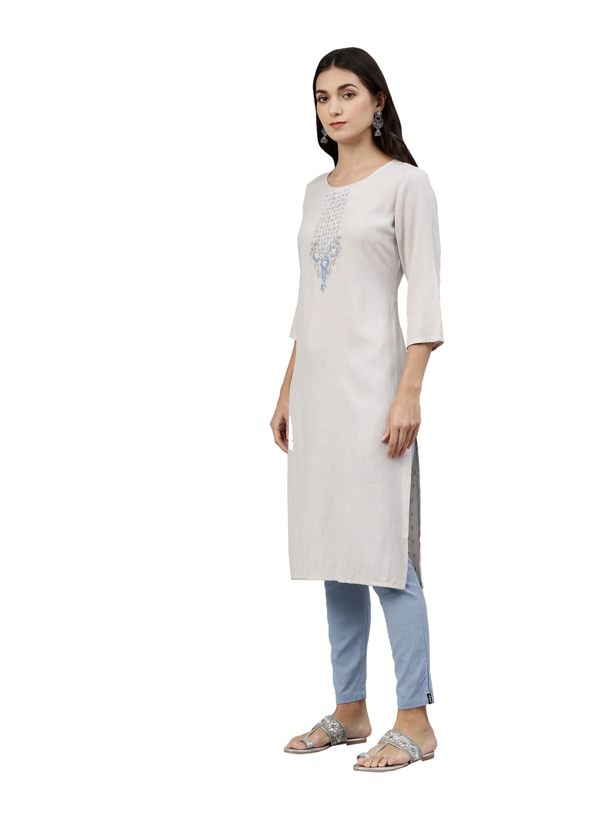 Neerus Women Grey  Blue Floral Embroidered Kurta - Image 2