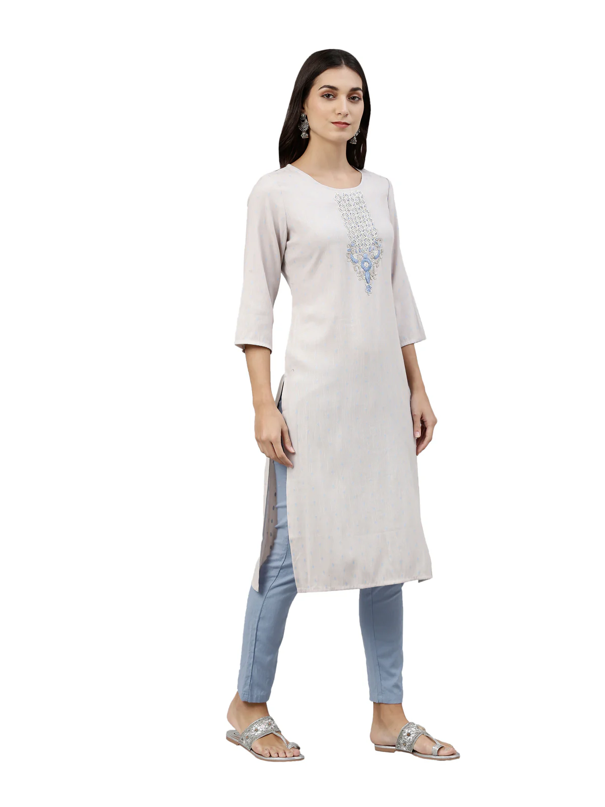 Neerus Women Grey  Blue Floral Embroidered Kurta - Image 3