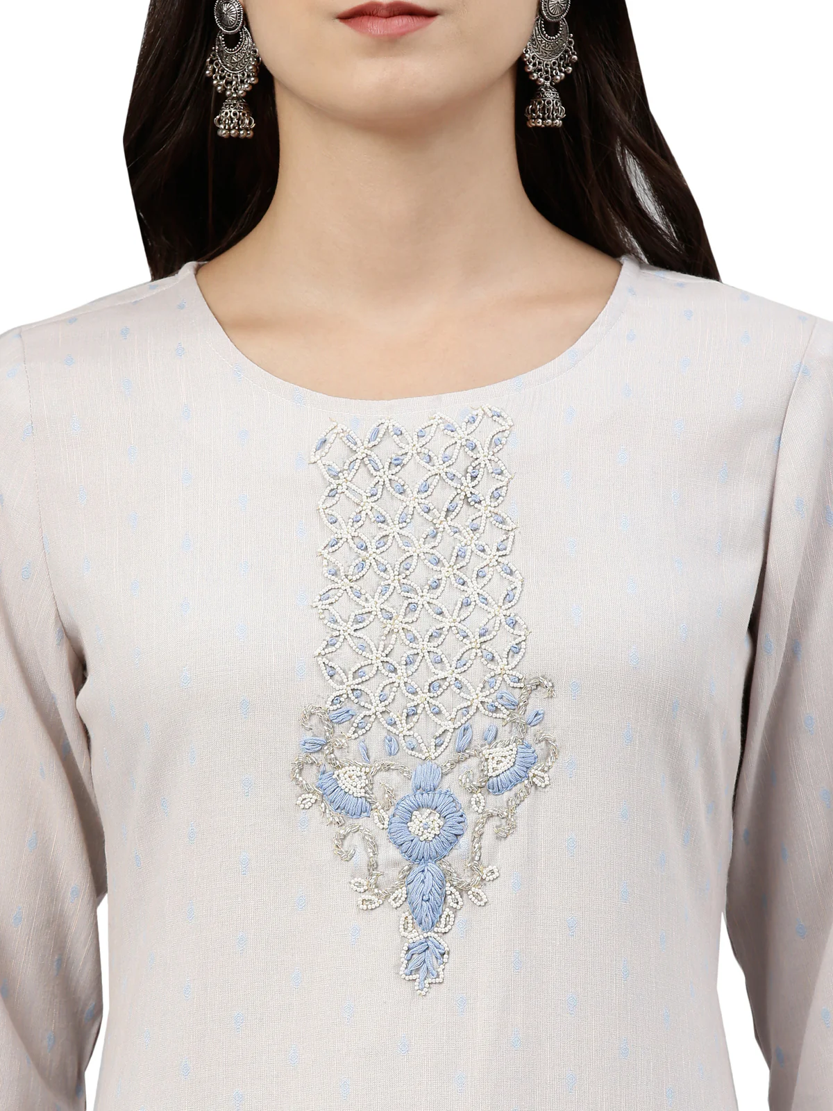 Neerus Women Grey  Blue Floral Embroidered Kurta - Image 5
