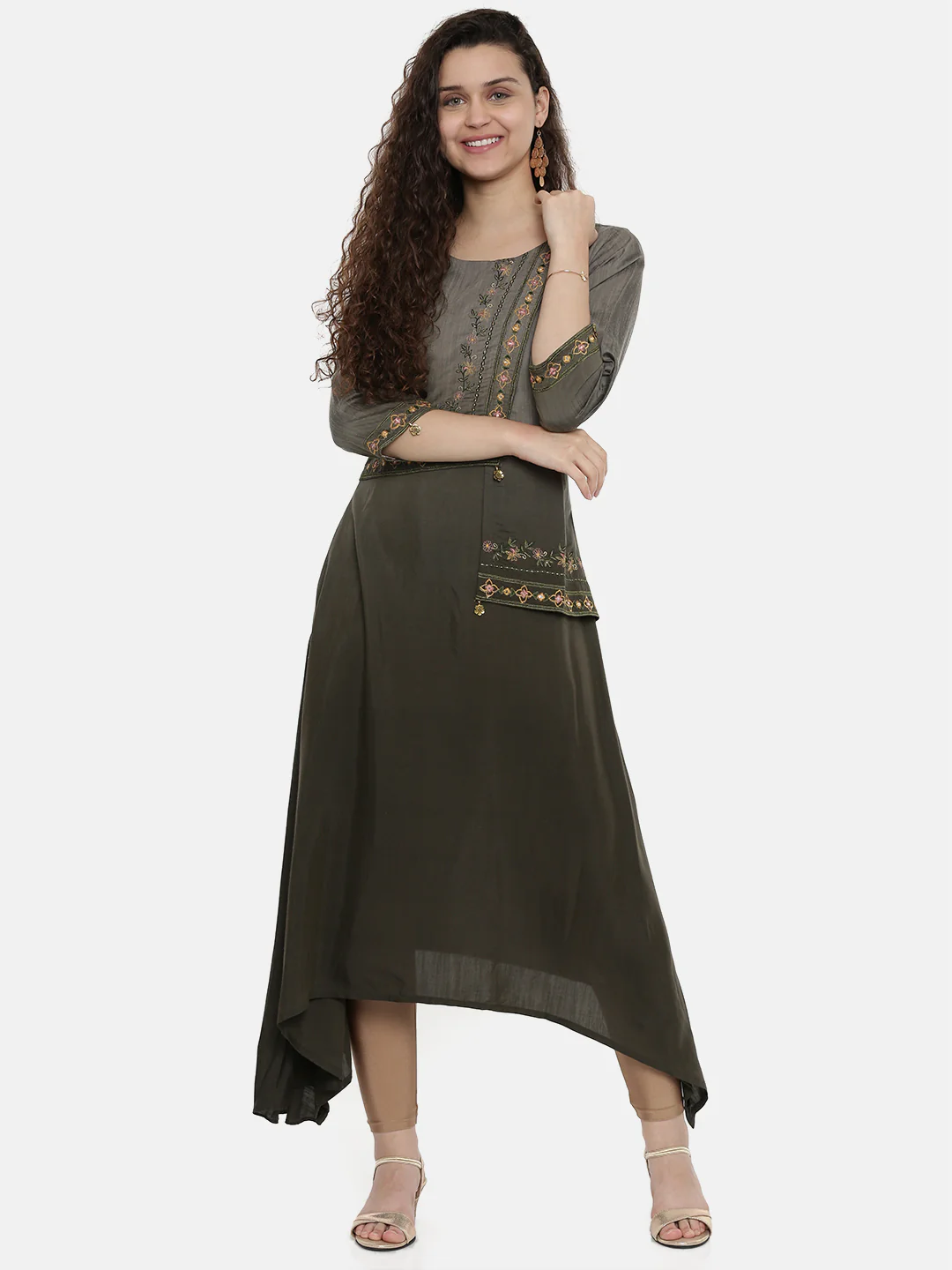 Neerus Women Grey Embroidered A-Line Asymmetric Kurta