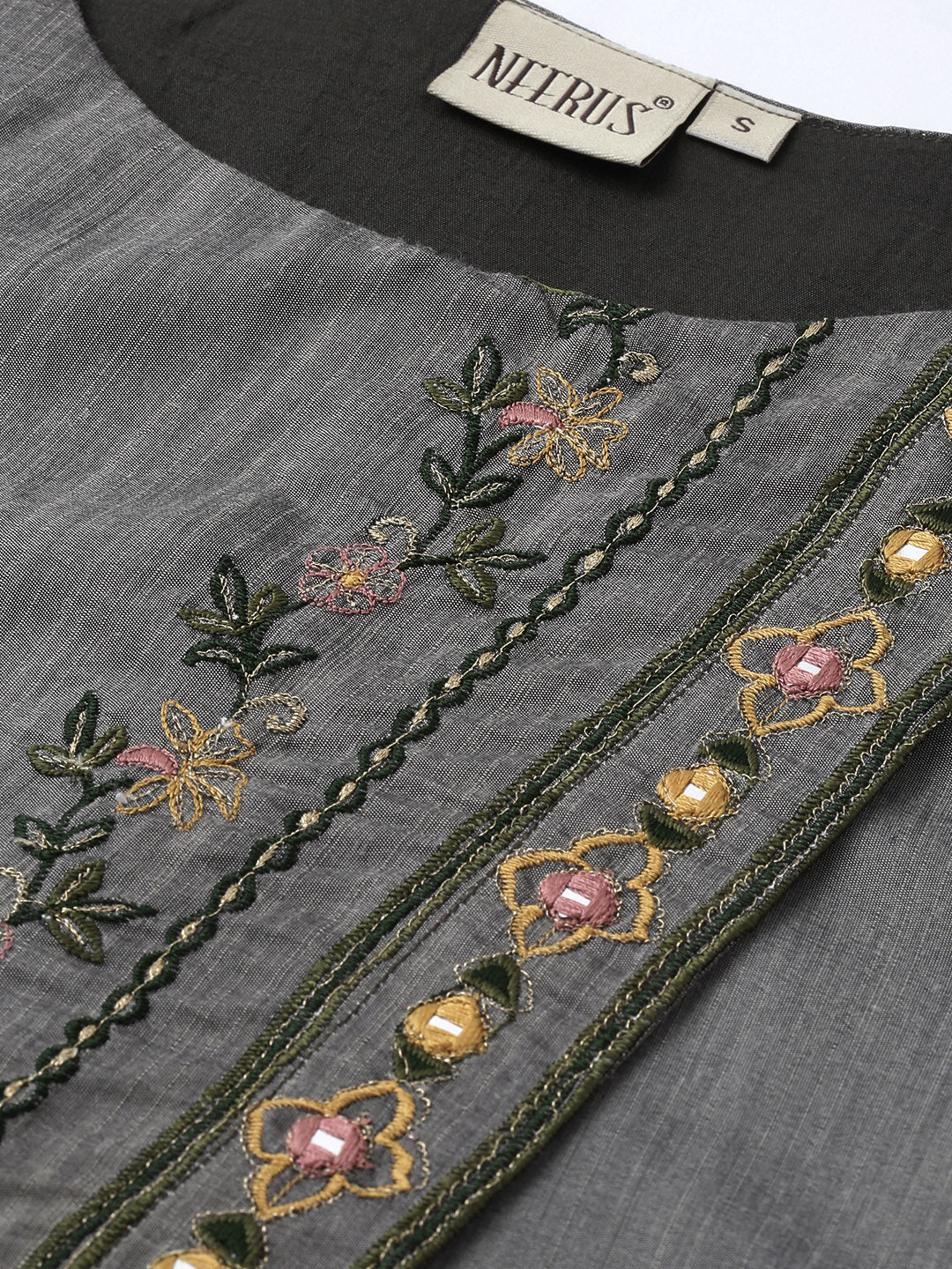 Neerus Women Grey Embroidered A-Line Asymmetric Kurta - Image 2