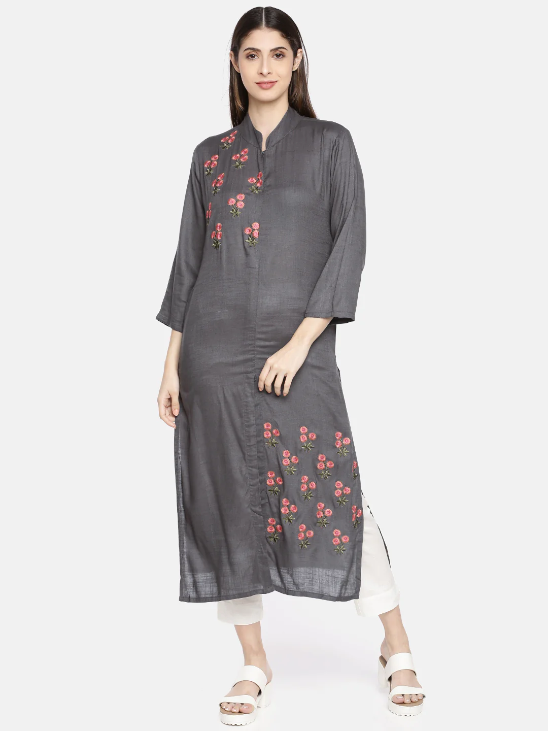 Neerus Women Grey Embroidered A-Line Kurta